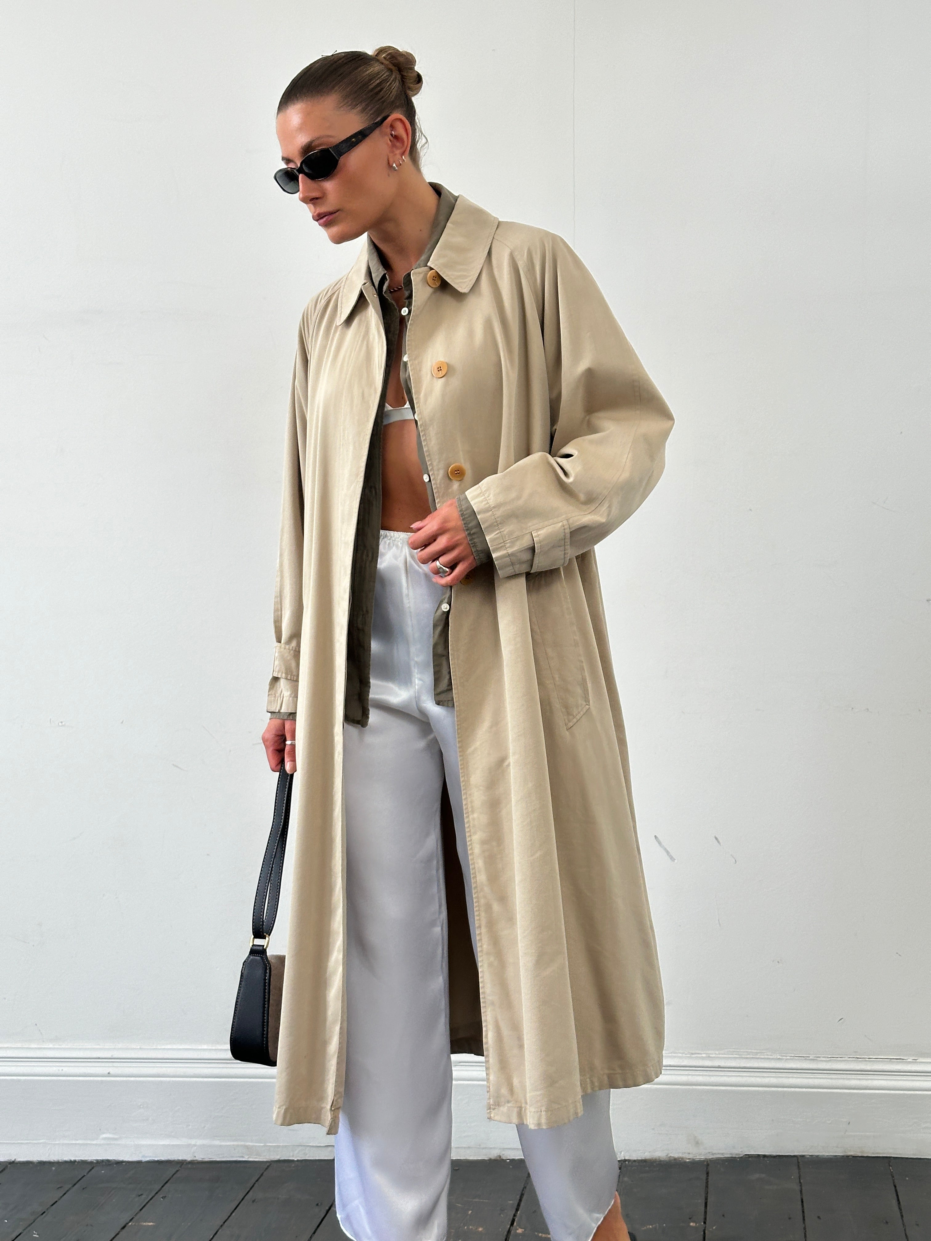 Mani Cotton Cupro belted trench coat in size L/XL, beige color, stylish long coat with belt and classic trench design.