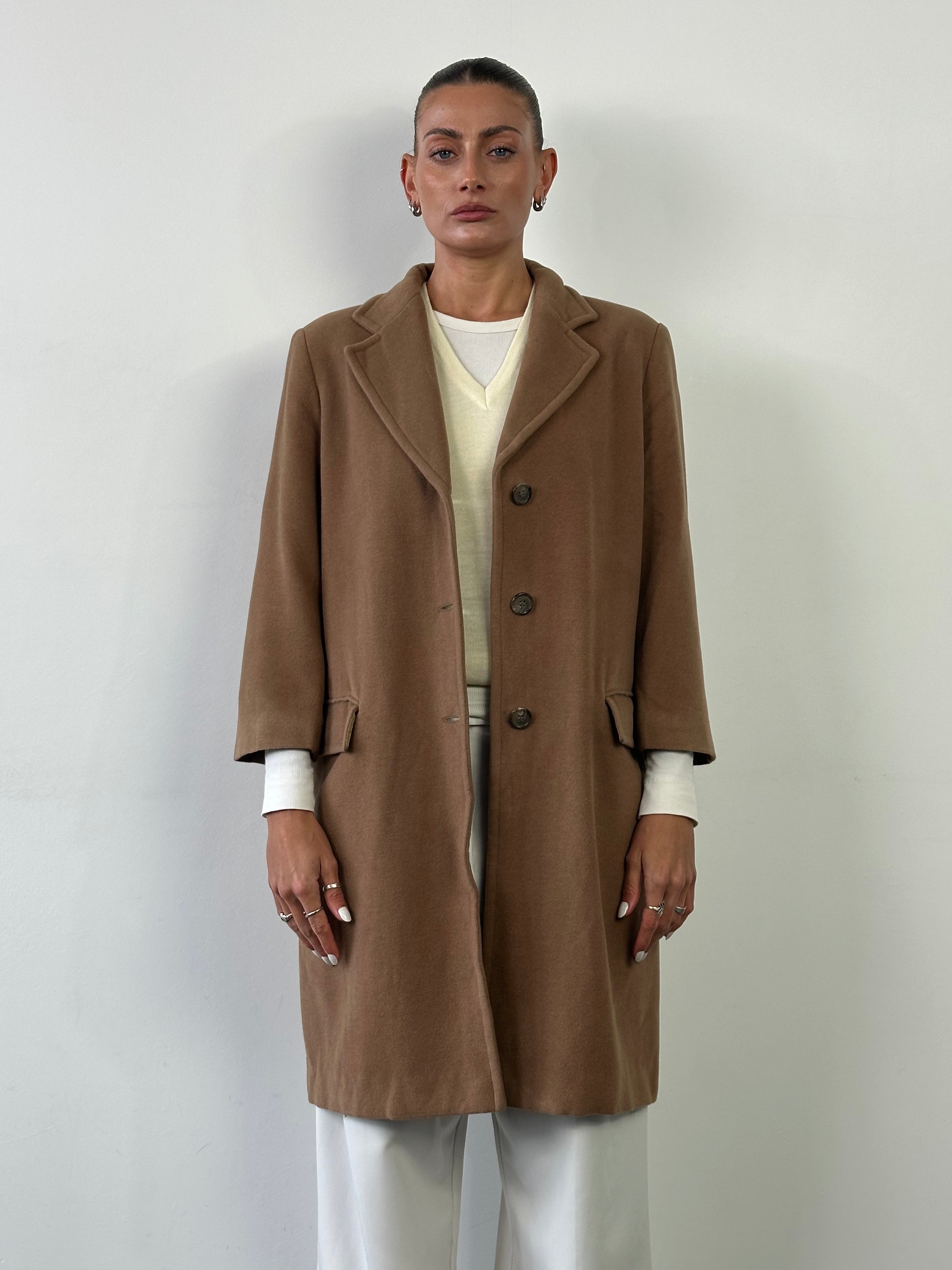 Marella Virgin Wool Single Breasted Coat in S/M, stylish beige coat with classic lapel collar and tailored fit.