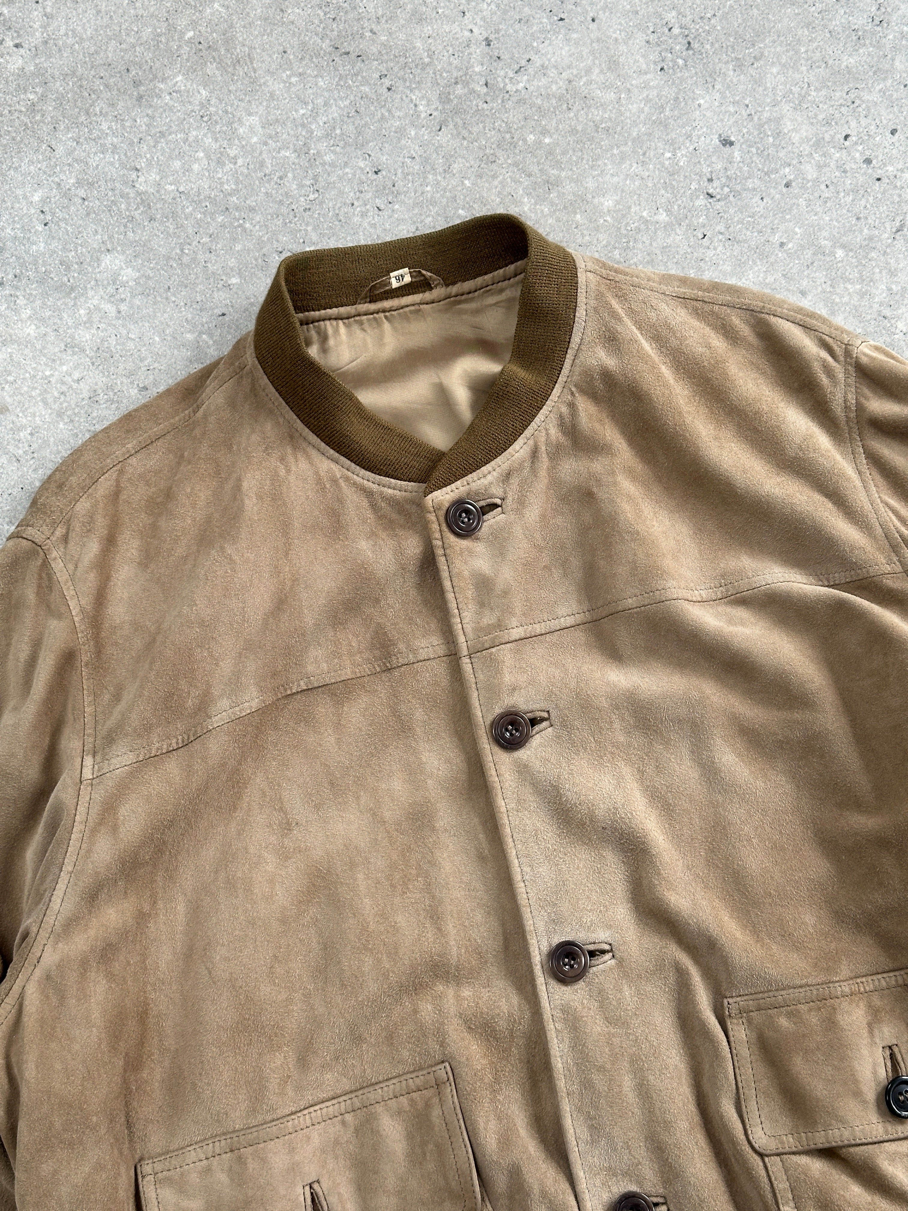 Vintage 1990s suede bomber jacket in size large, featuring classic leather style and retro design.