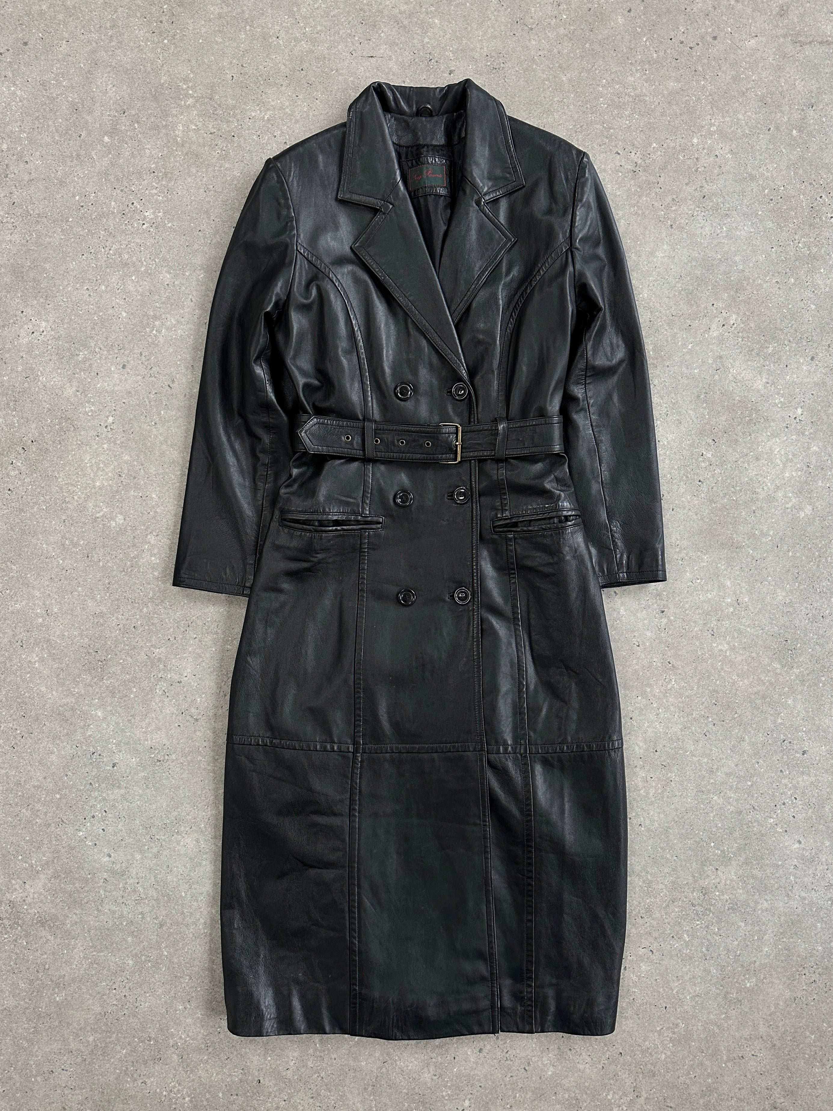 Vintage 1990s Floor Length Belted Leather Trench Coat - M - SYLK