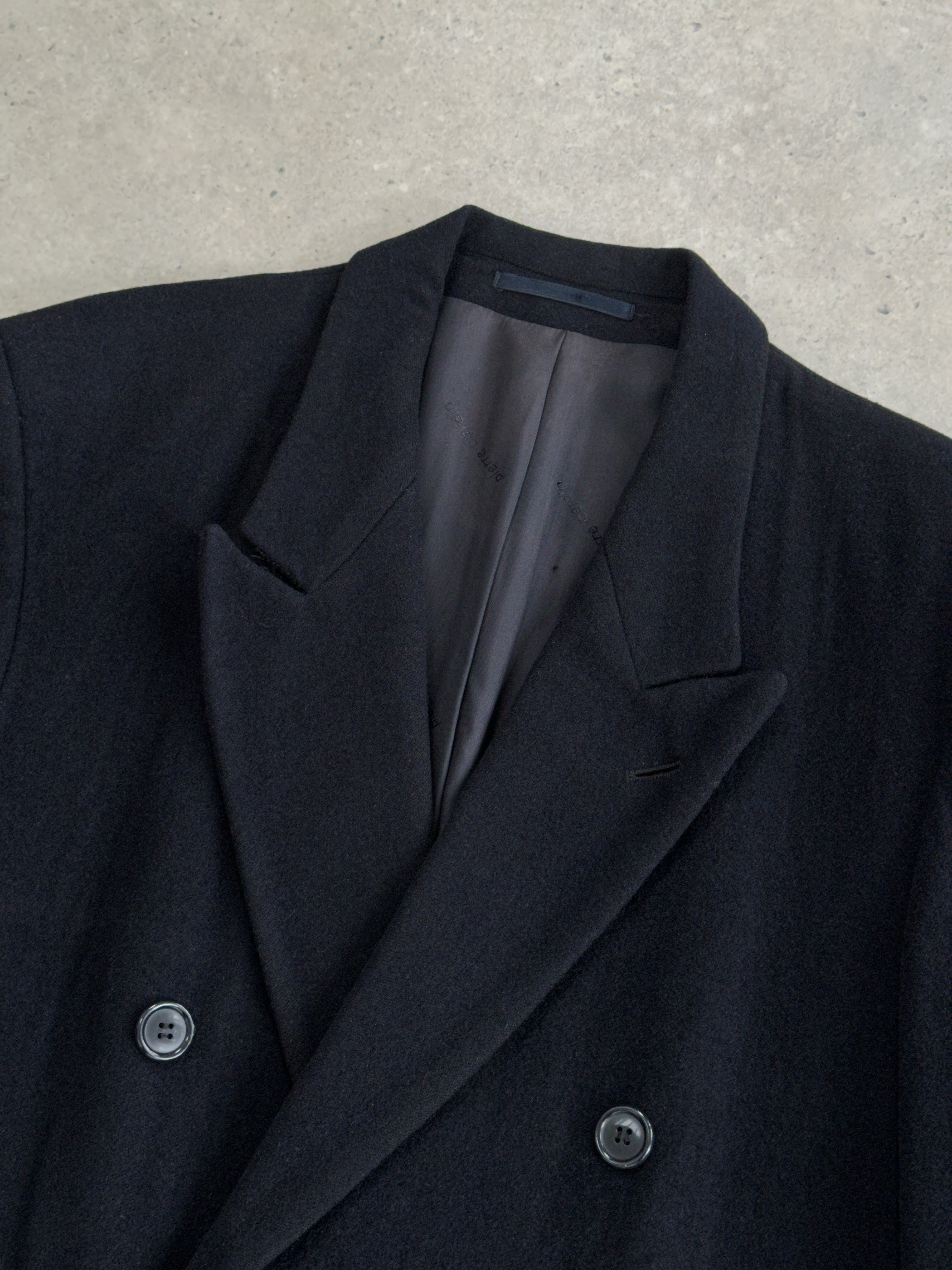 Pierre Cardin wool cashmere double-breasted coat in size L/XL, shown in a stylish, tailored design with lapels and button details.