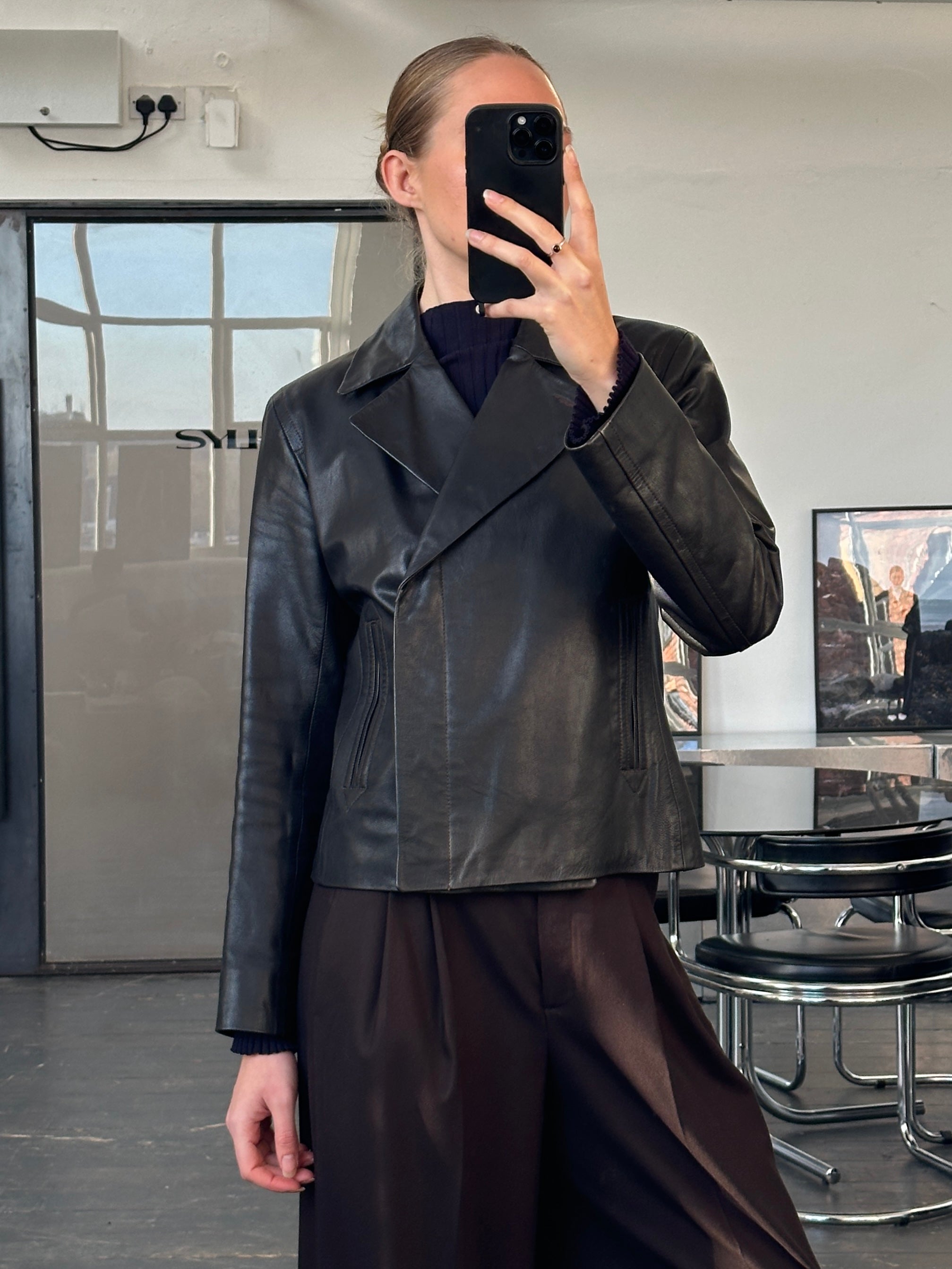 Nicole Farhi 1990s leather jacket in size small, stylish black leather with classic design and detailed stitching.