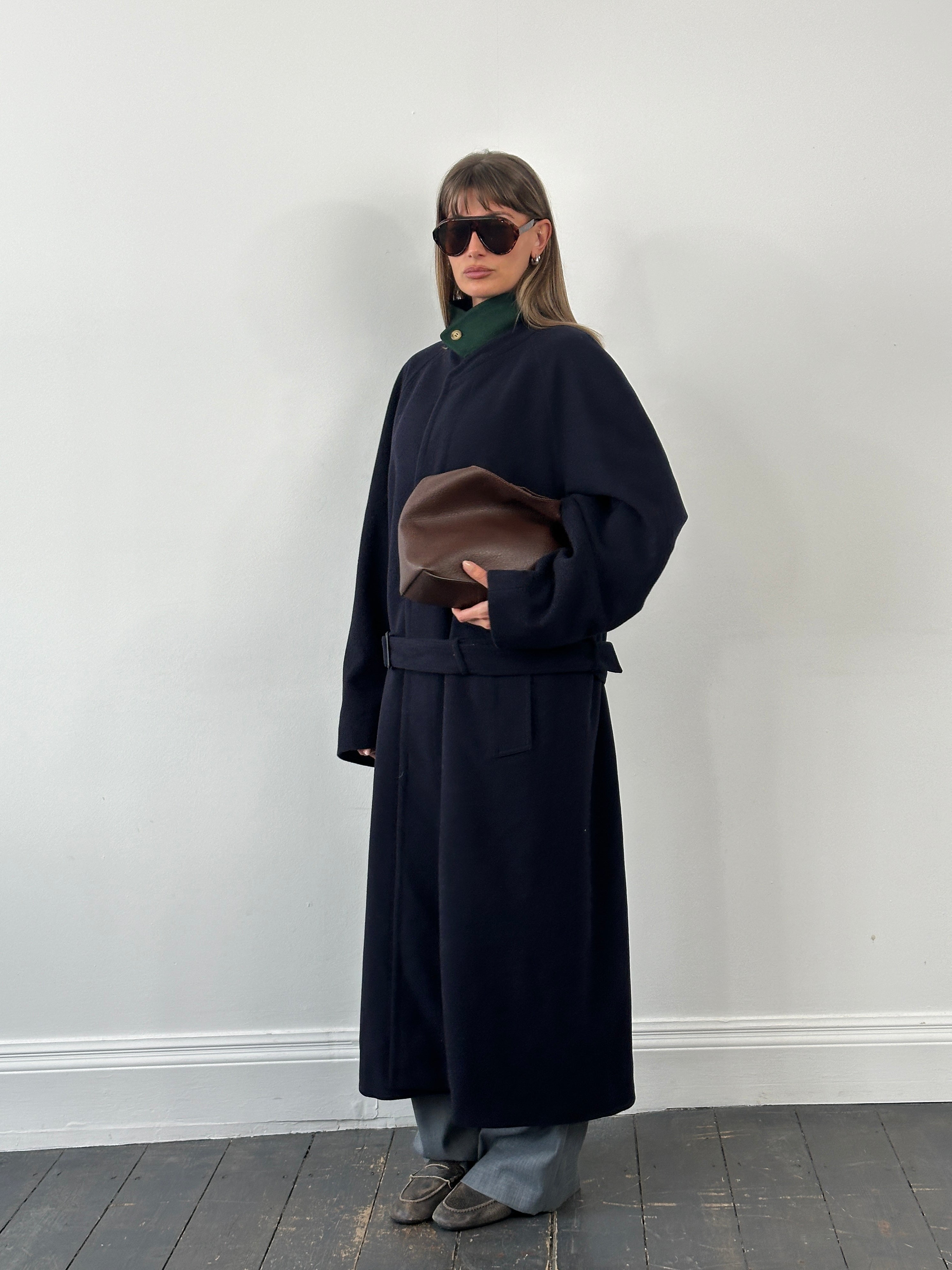 Vintage 1990s pure wool high neck belted coat in XXL, showcasing classic style and warm, textured fabric.