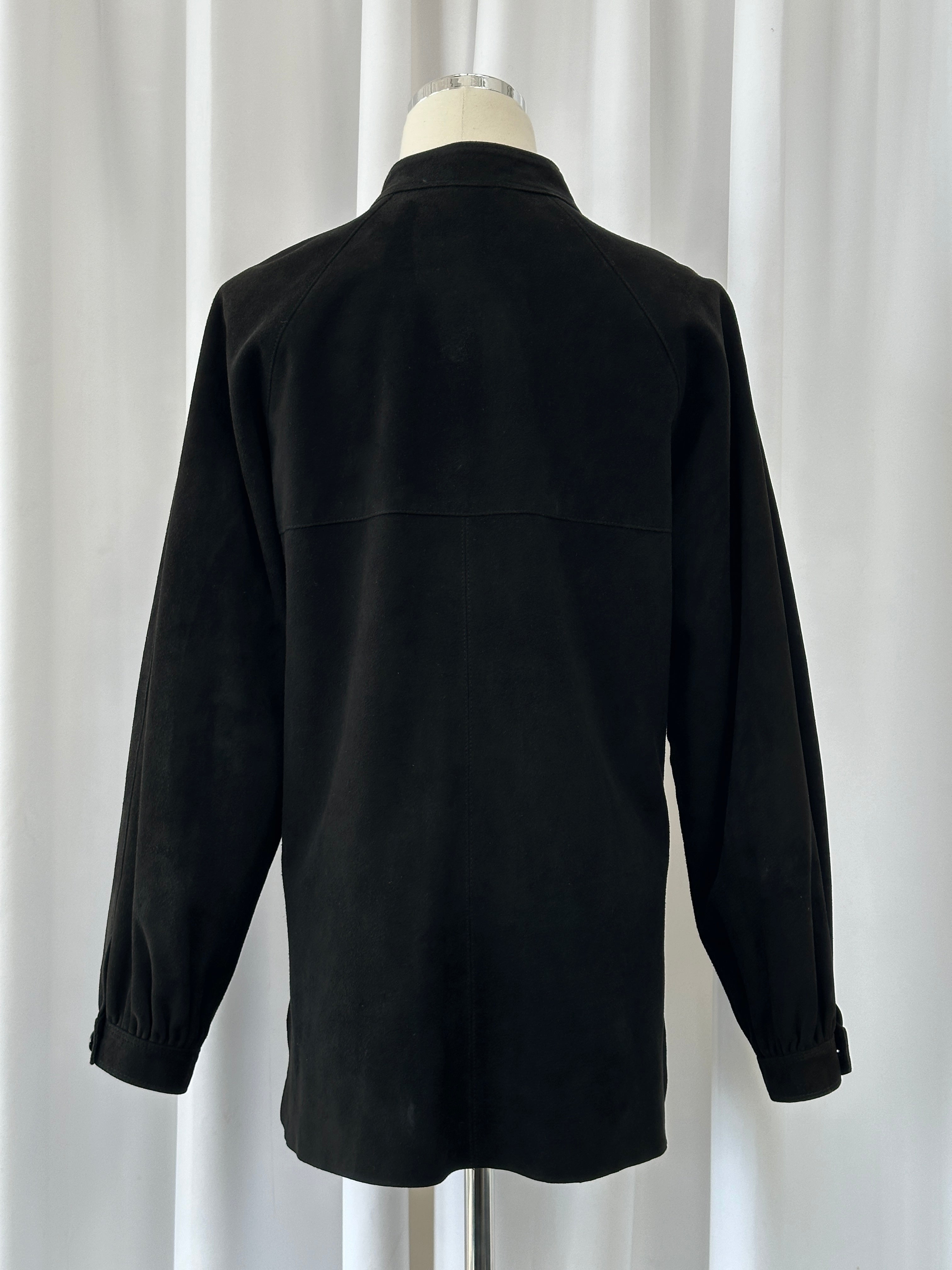 Gianni Versace x Beged-Or 1970s suede shirt in beige with classic collar and button front, size small, vintage style.