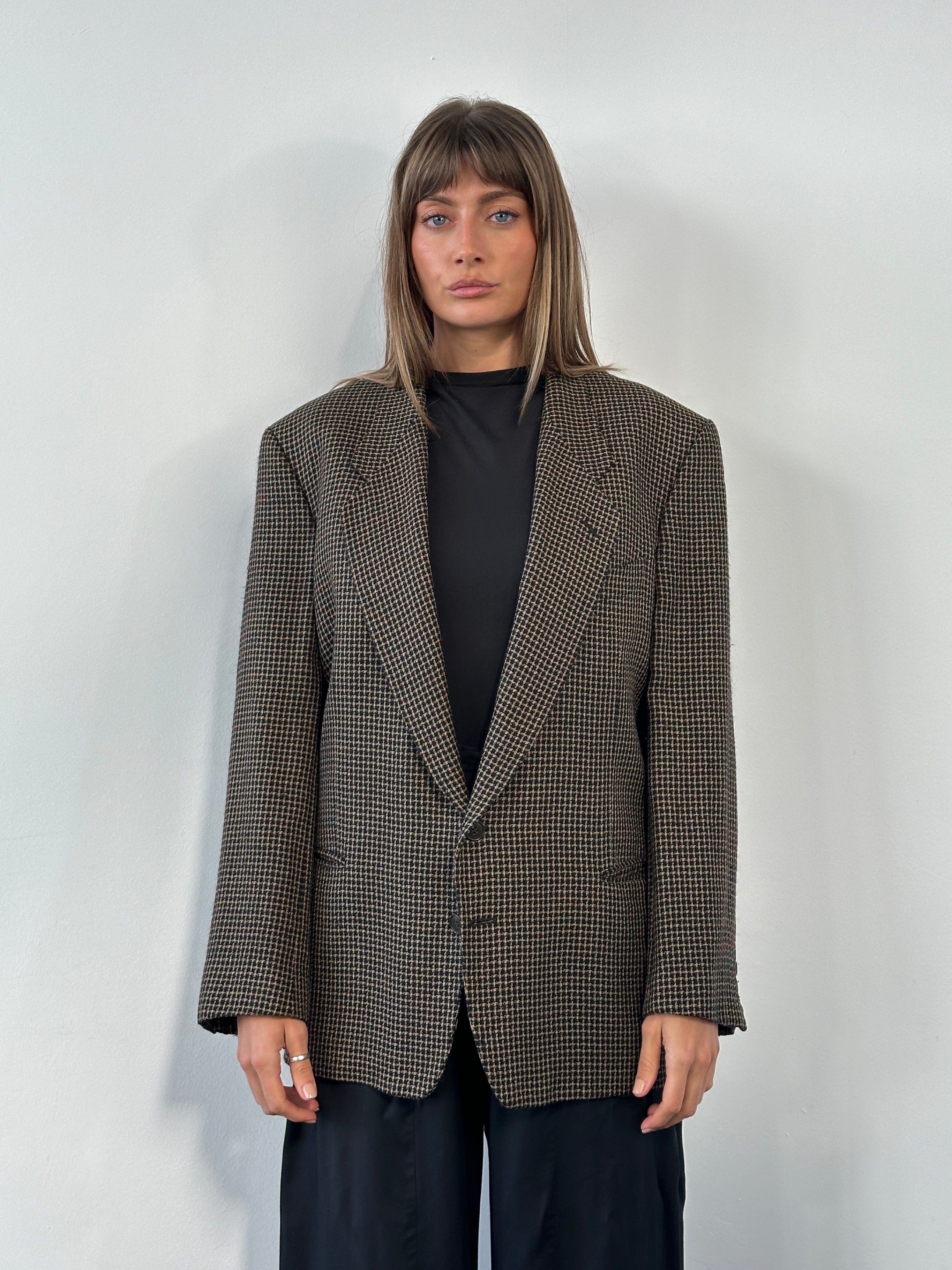Giorgio Armani 1990s wool silk check blazer in size 42R/L, featuring a tailored fit with classic check pattern and structured lapels.