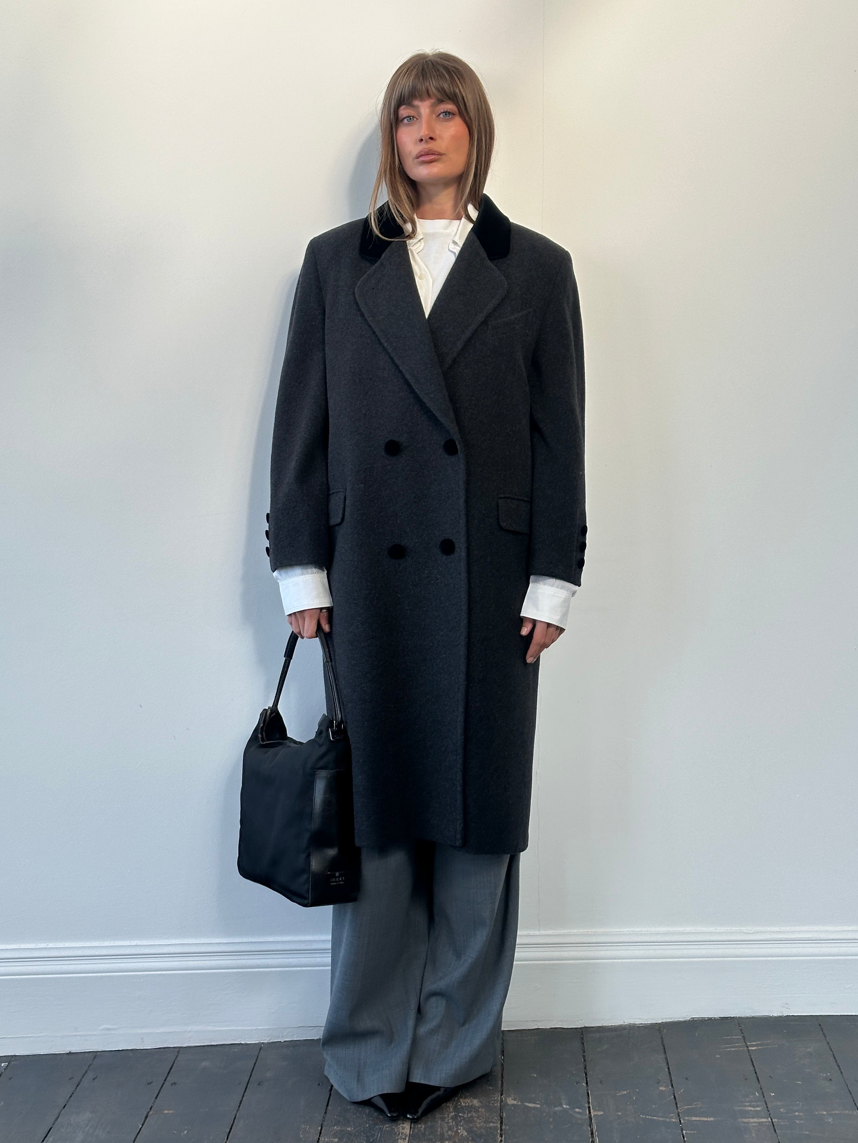 St Michael 1990s wool double-breasted coat in size large, featuring classic design and tailored fit, shown on a hanger.