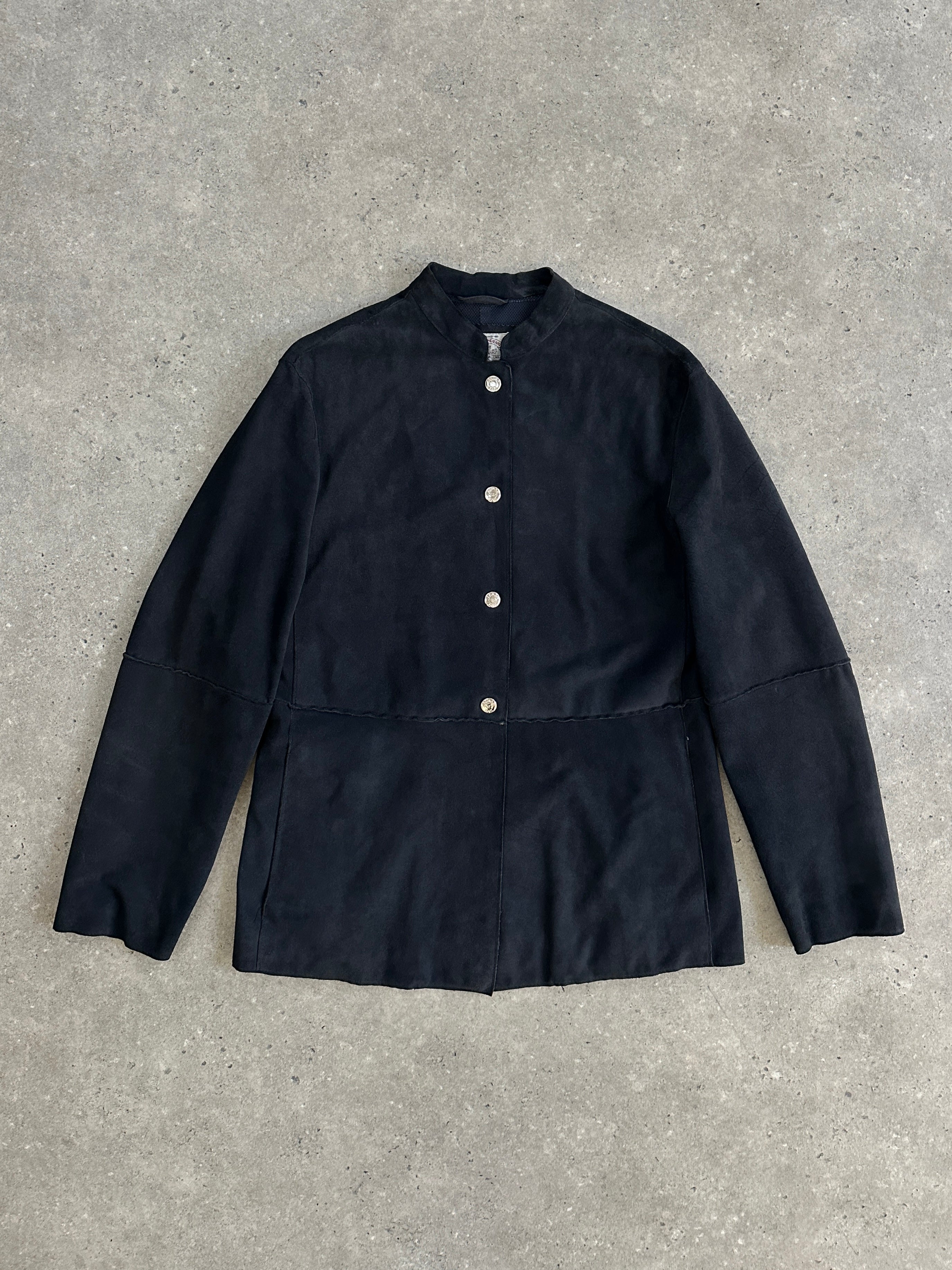 Armani Jeans fitted suede jacket in size M, showing a close-up of the soft brown material and stylish collar detail.