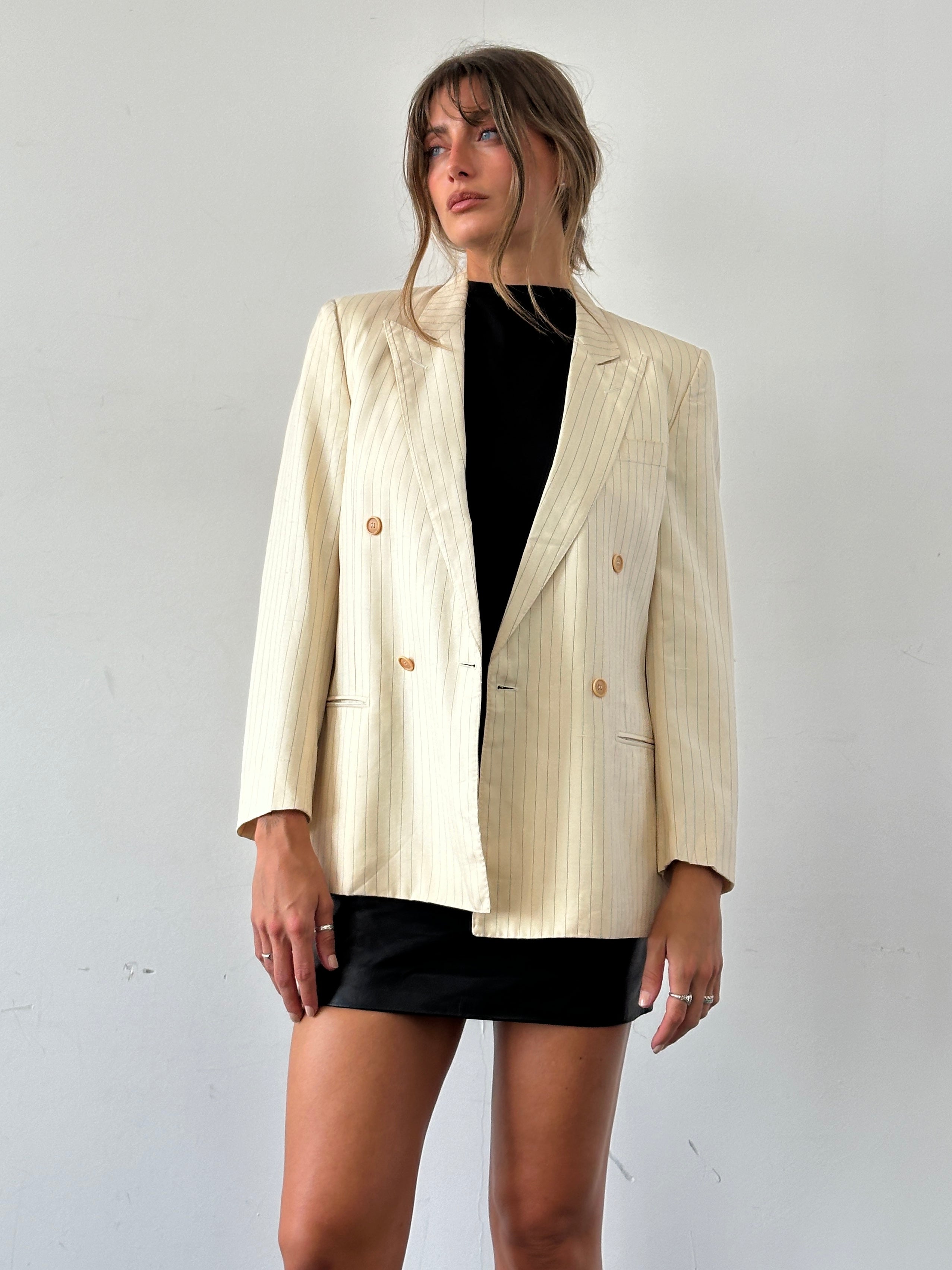 Pierre Cardin pure silk stripe double-breasted blazer in size 36R/S, featuring classic tailored design and stylish pinstripes.