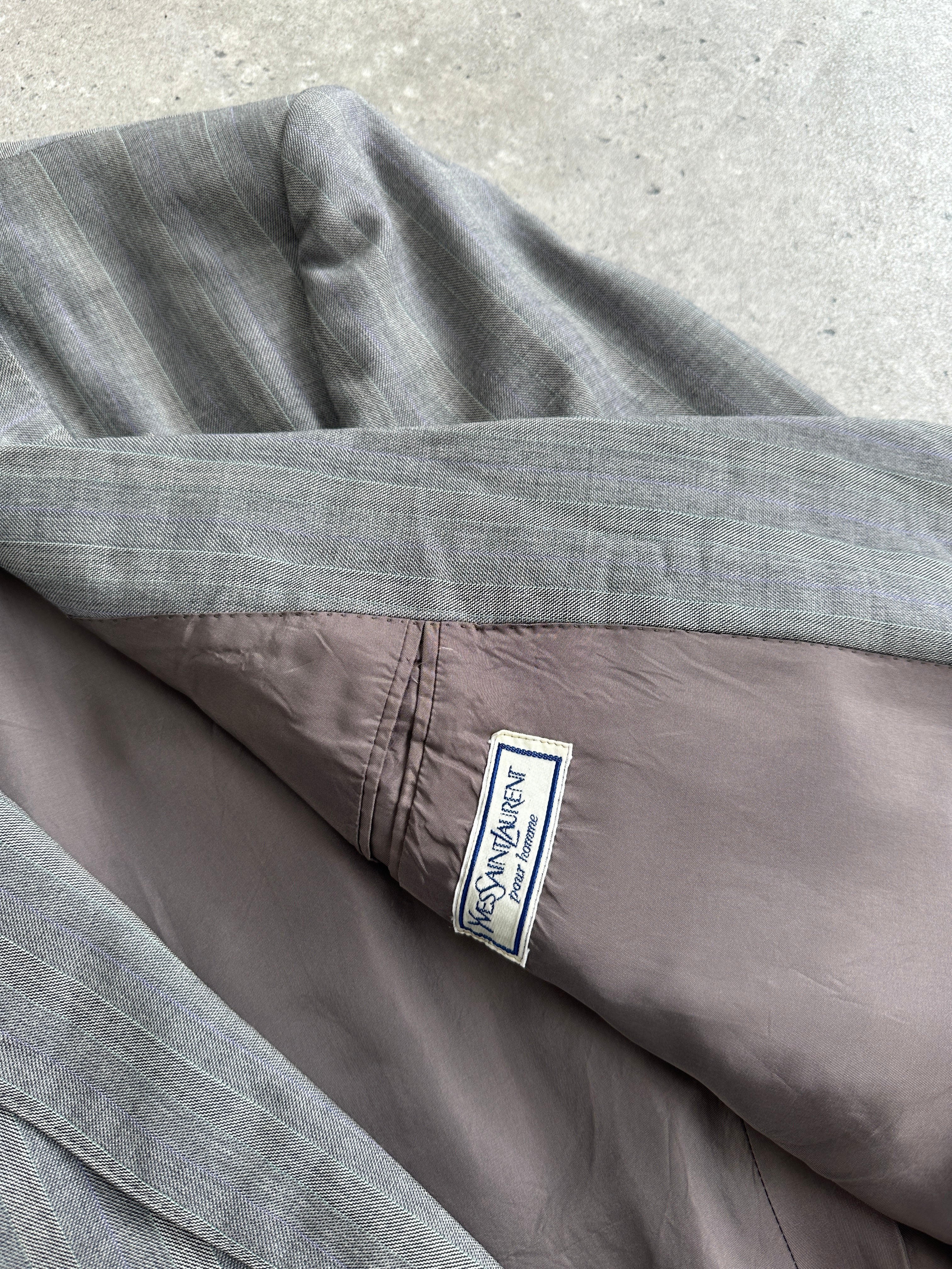 Yves Saint Laurent Pour Homme wool blazer in size XL with blue and white stripe double-breasted design, tailored and stylish.