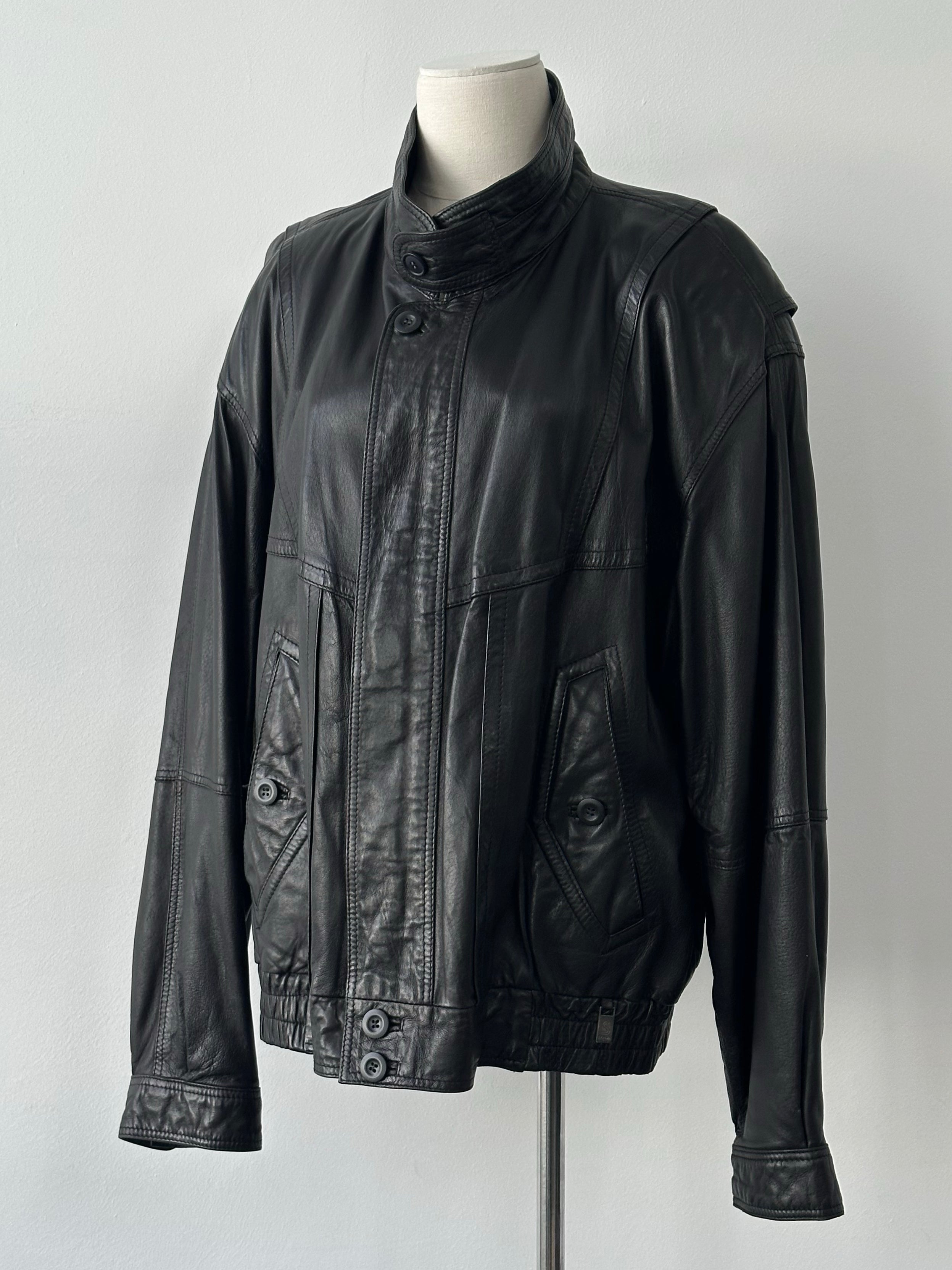 Vintage 1990s high neck leather blouson bomber jacket, size large, showcasing classic black leather with a high collar and fitted design.