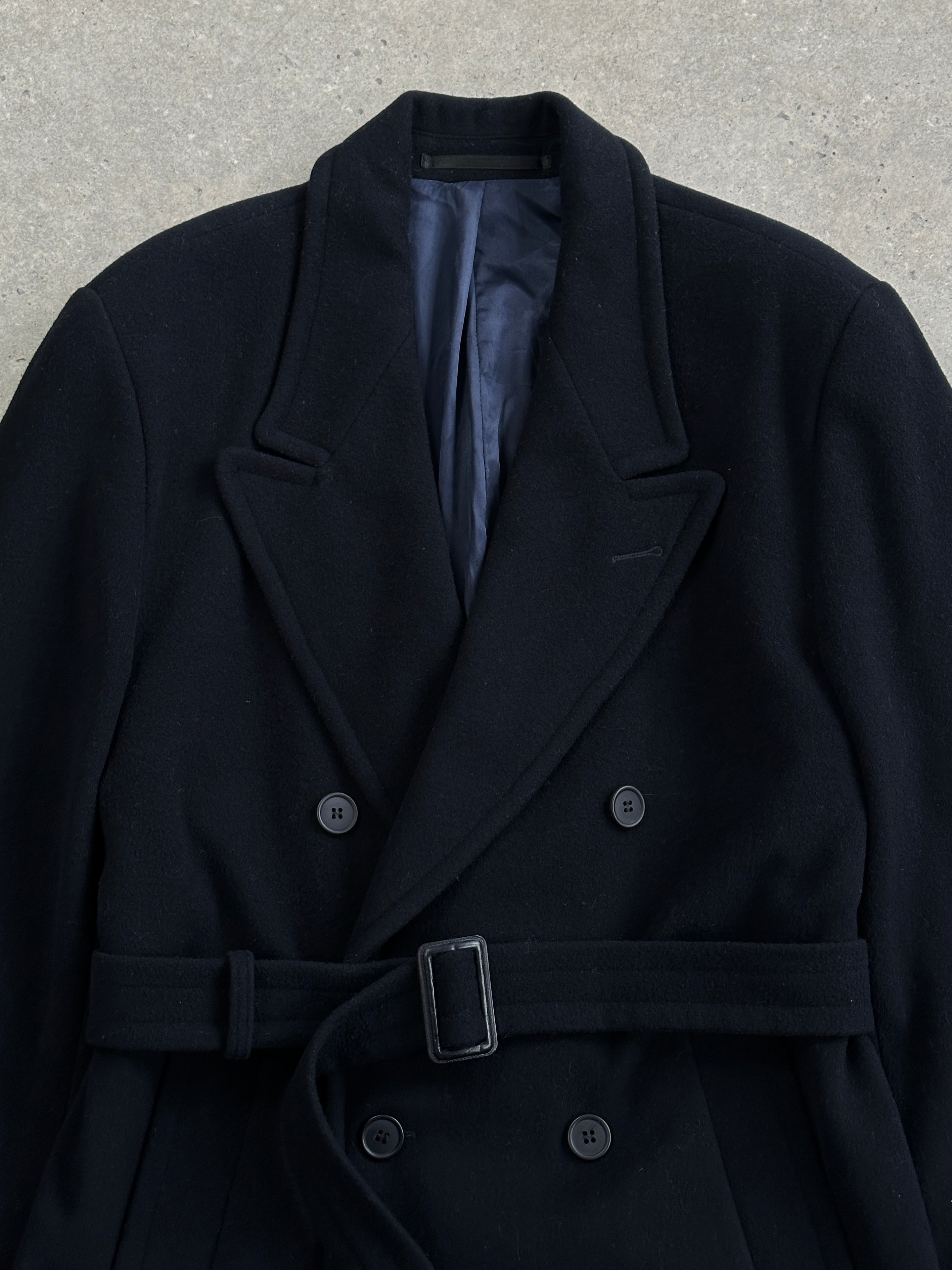 Vintage 1990s wool cashmere double-breasted belted coat in size L, featuring a classic design and warm fabric.