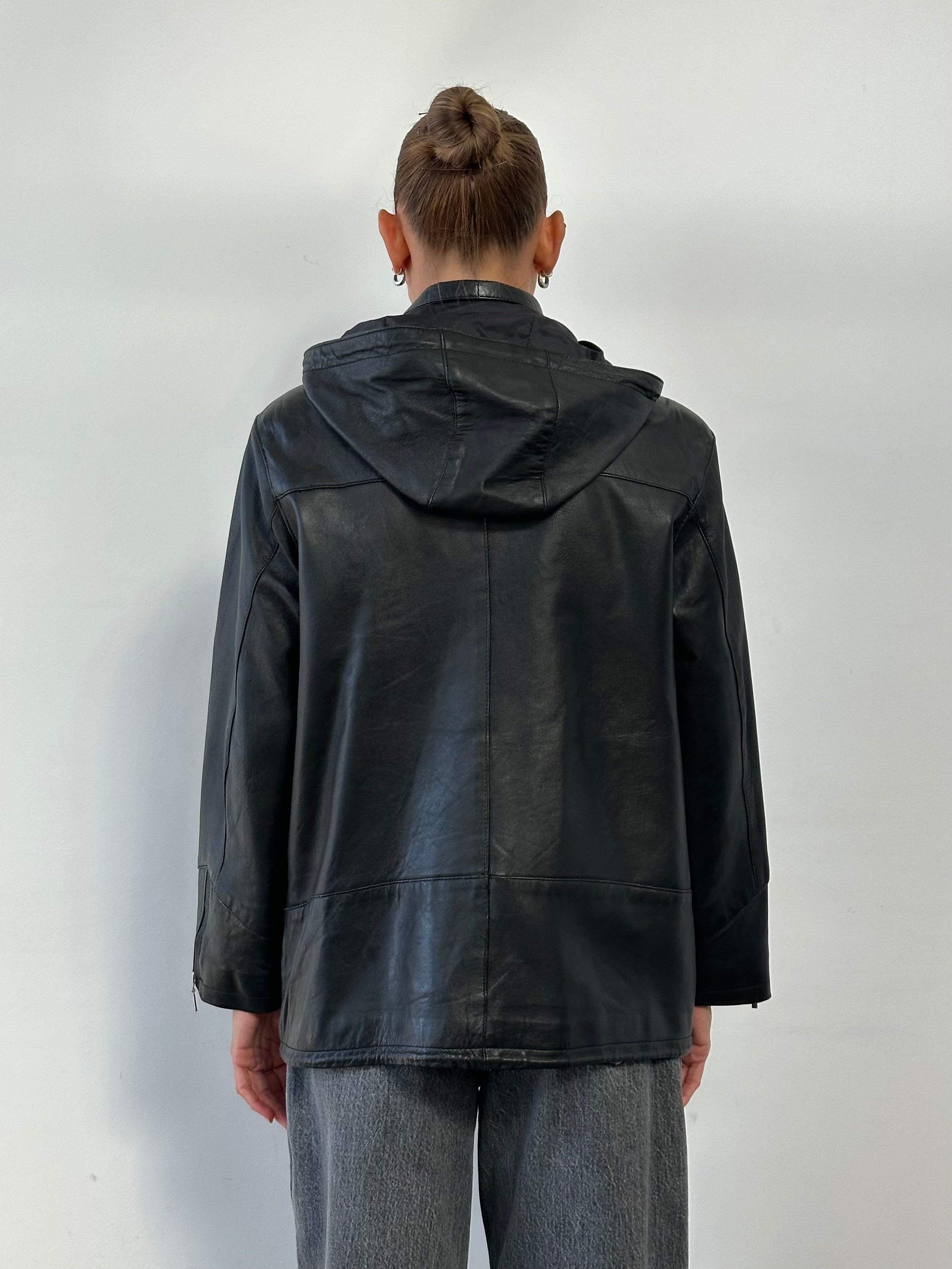 Vintage high neck leather jacket with removable hood, men's M/L size, stylish and classic design.