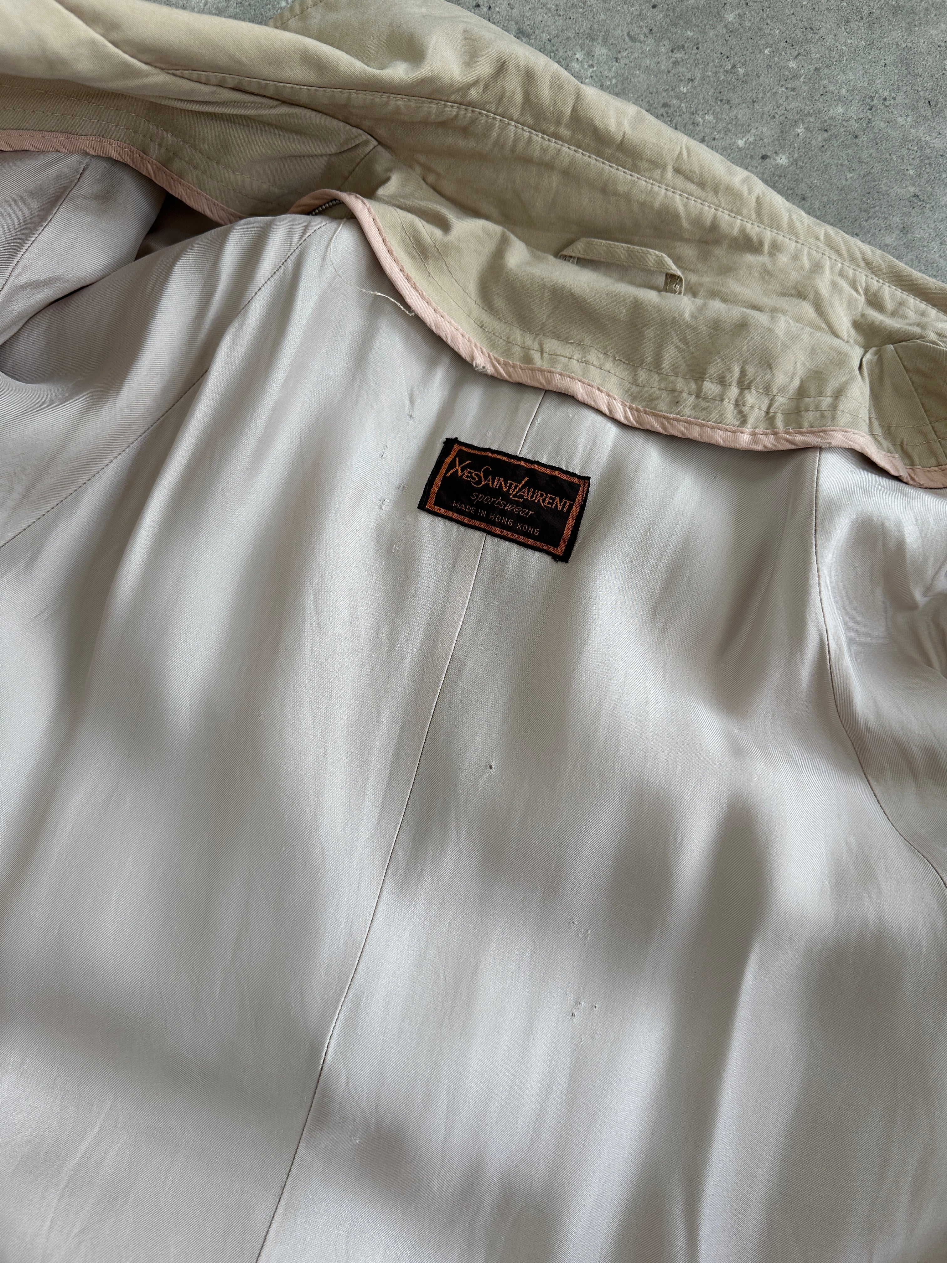 Yves Saint Laurent 70s-style cotton double-breasted belted trench coat in XL, featuring classic design and neutral color.