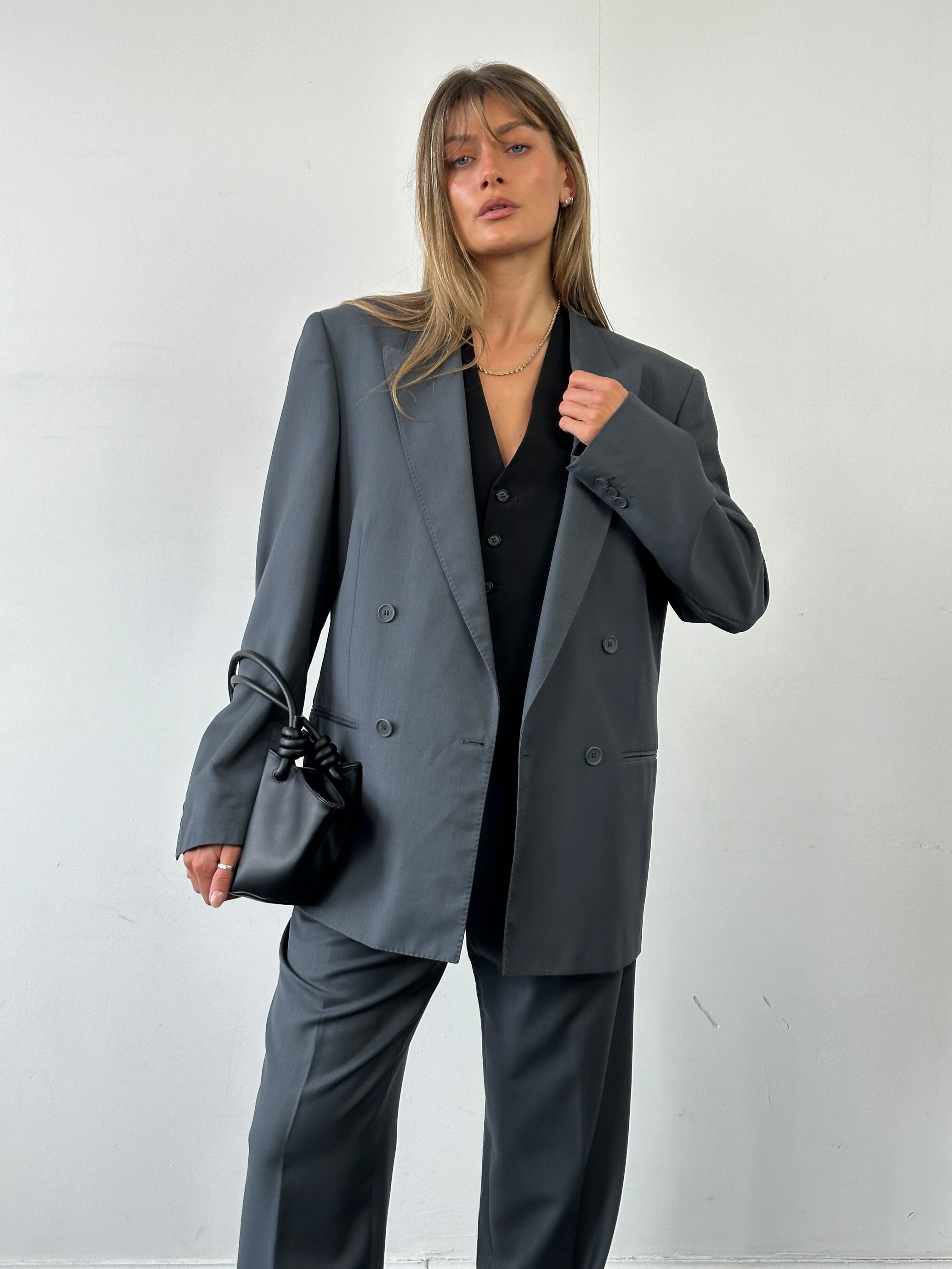 Vintage Italian double-breasted wool blazer, size 40R/W28, classic tailored suit jacket with vintage craftsmanship.