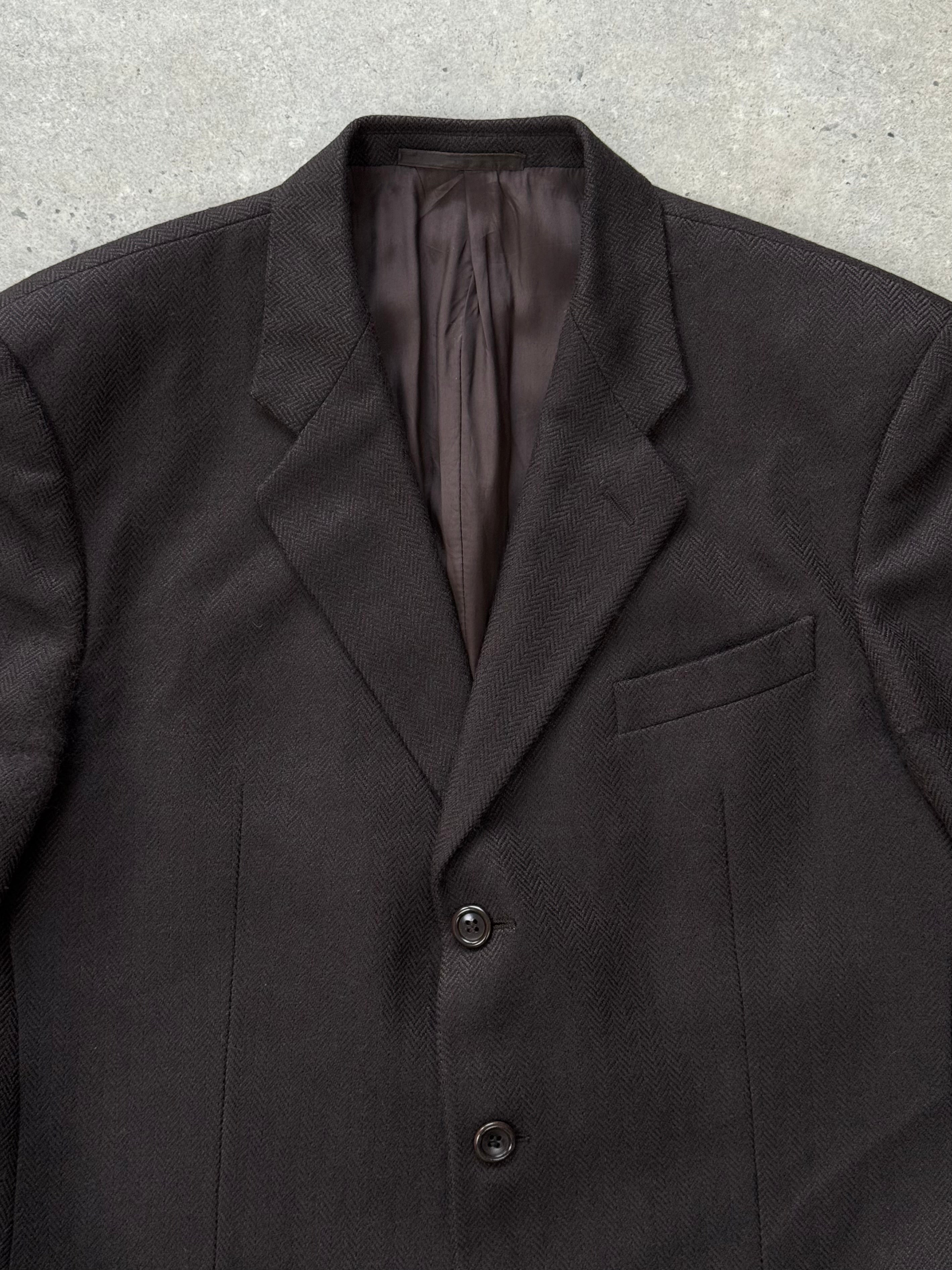 Armani Collezioni 1990s men's pure wool single-breasted blazer in size L/XL, shown in classic dark color with notch lapel.