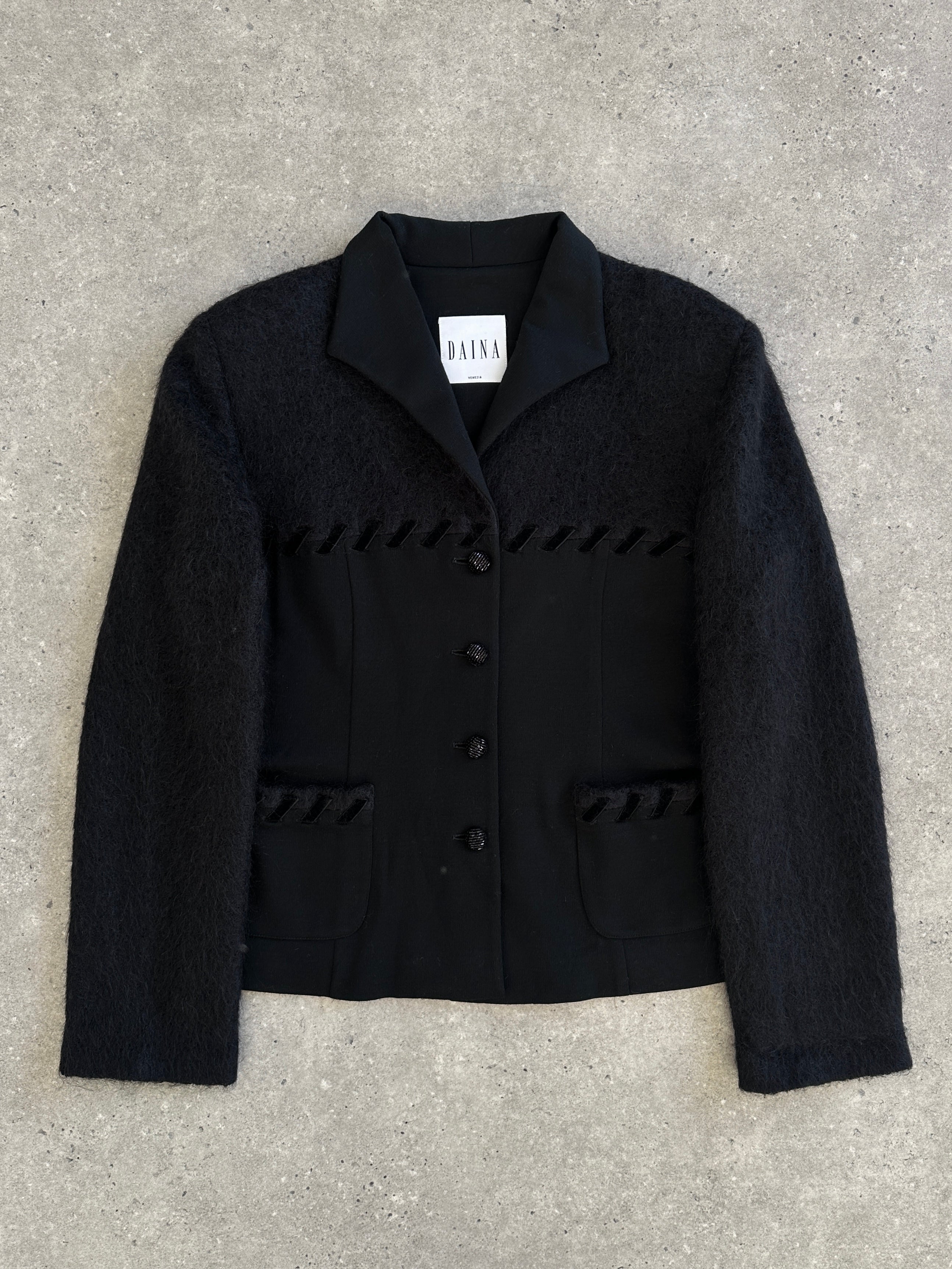 Vintage Italian 1990s mohair wool jacket with contrast panel, stylish and textured, in size M.