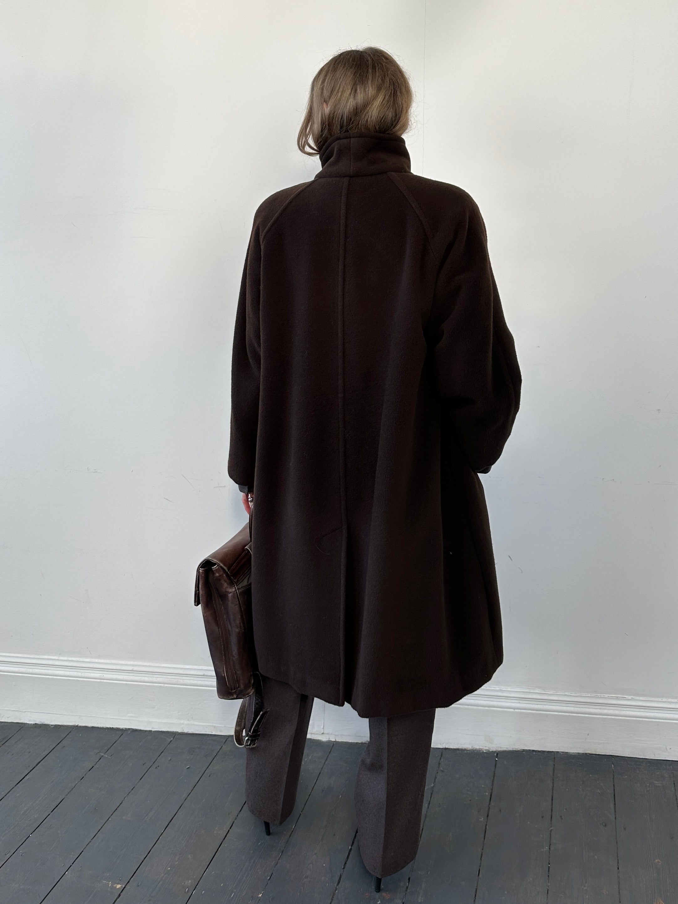 Marella wool cashmere funnel neck coat in M/L, stylish long coat with tailored fit and cozy collar, in a neutral color.