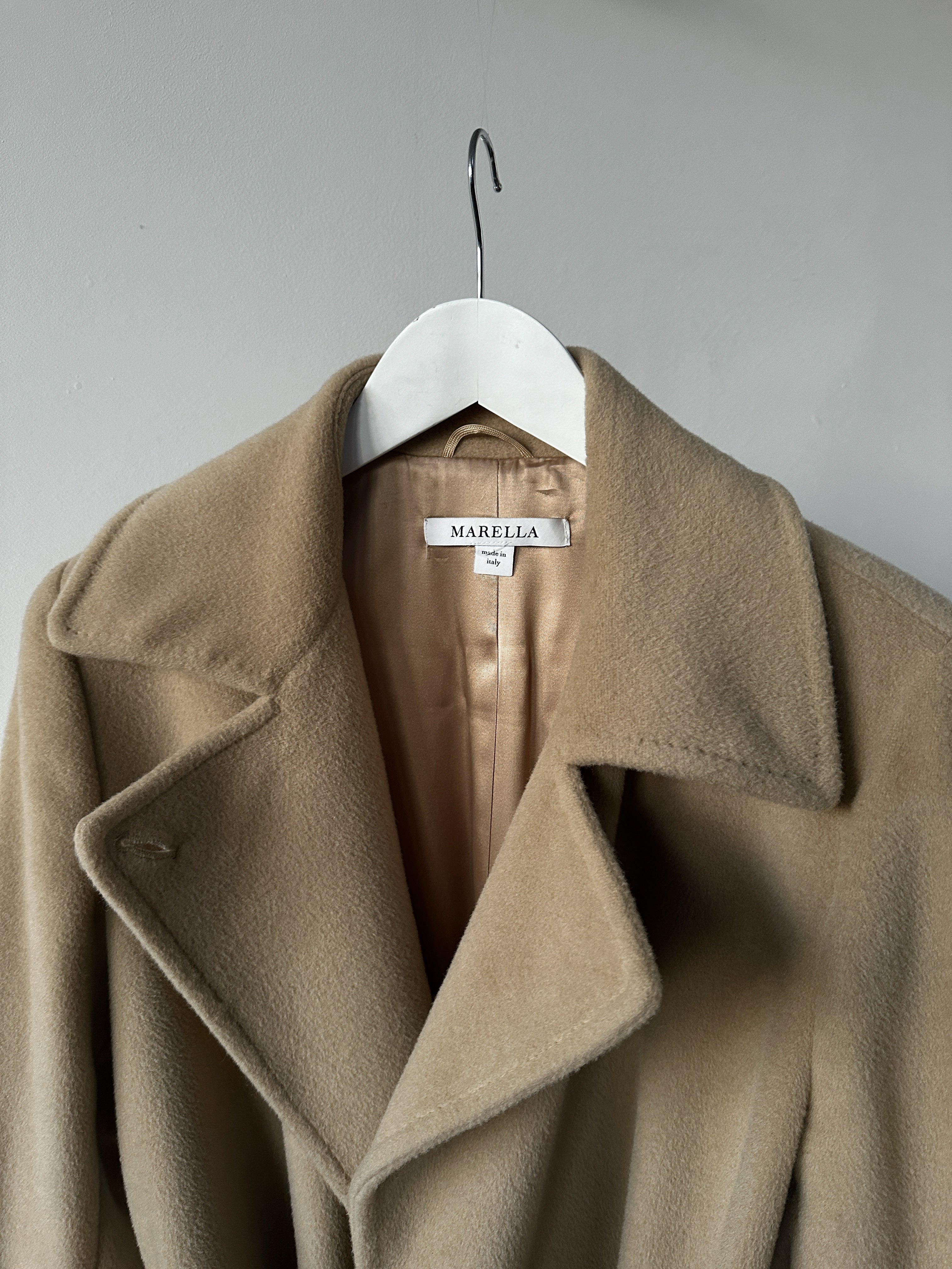 Marella virgin wool cashmere belted wrap coat in neutral color, featuring a collar and long sleeves, displayed on a hanger.