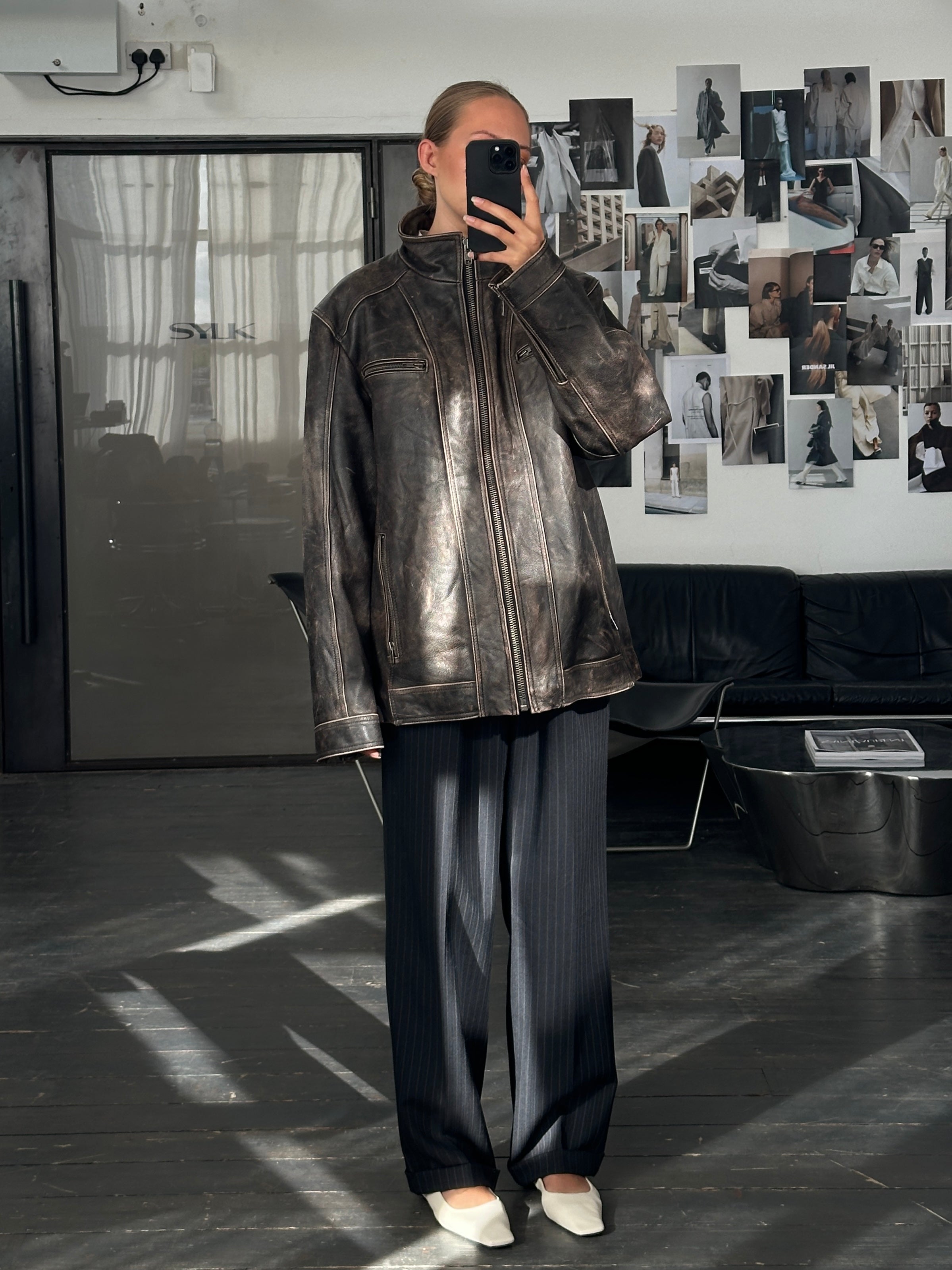 Vintage 2000s Distressed High Neck Leather Jacket - XL