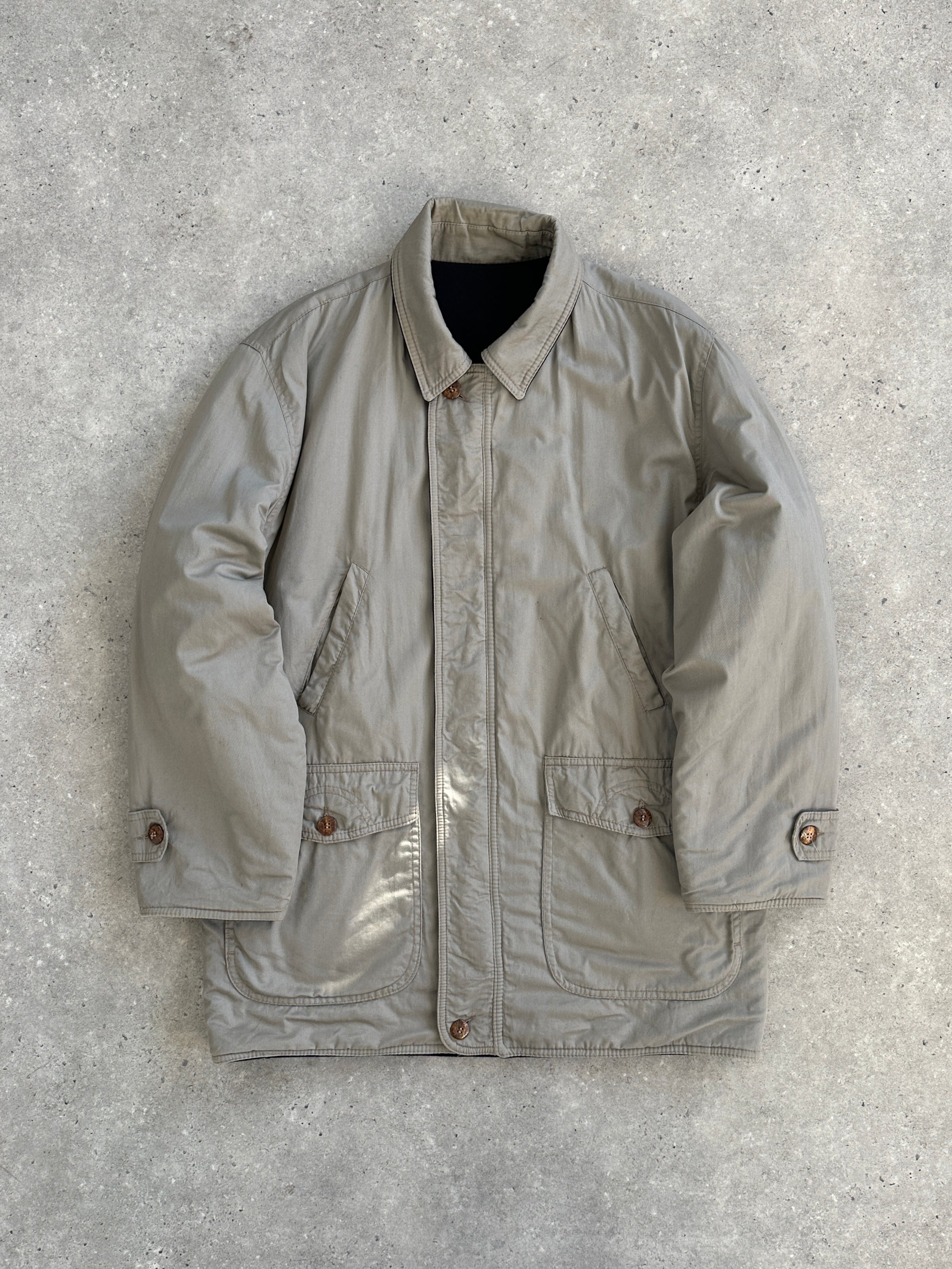 Vintage Italian vintage brushed wool reversible jacket in XL, showing both textured wool sides and classic design details.