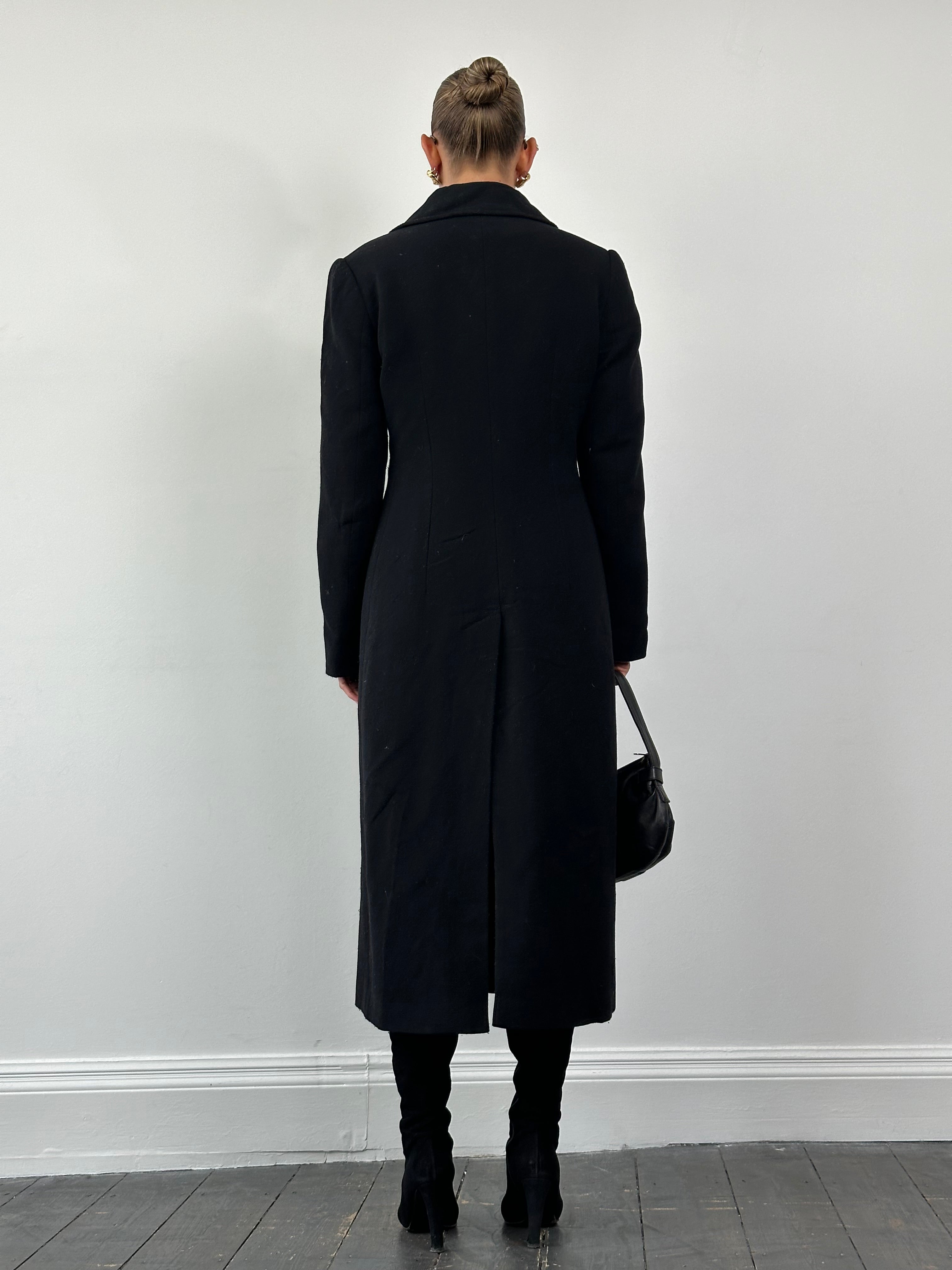 Dolce & Gabbana wool floor-length double-breasted coat in black, featuring classic design and tailored fit.