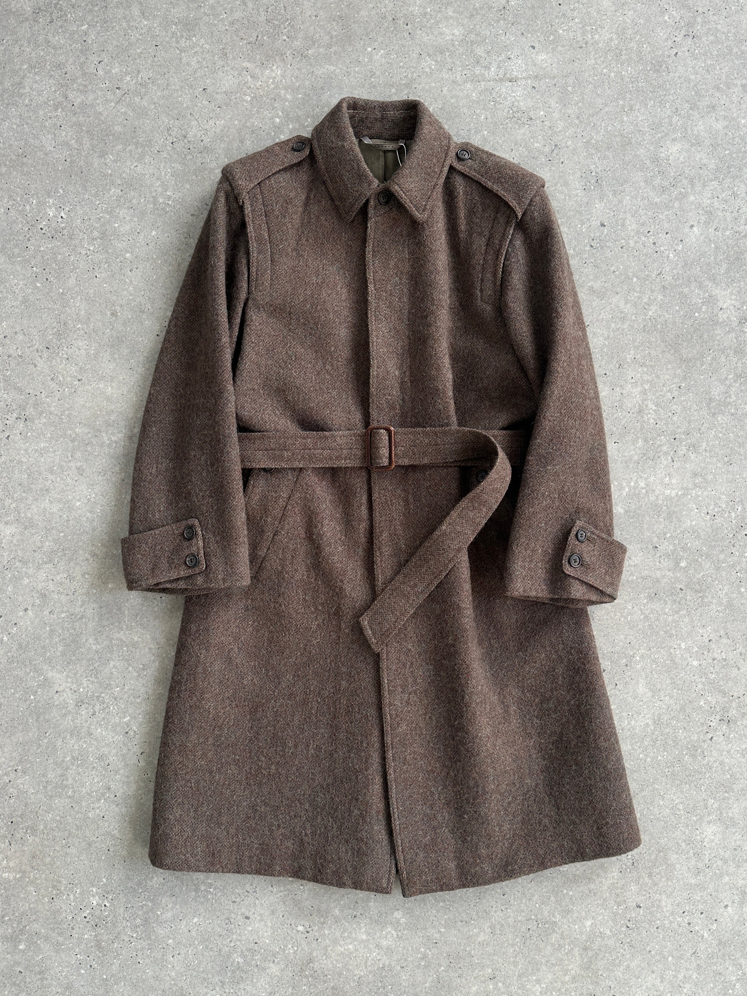 Vintage Italian 1990s wool mohair belted single-breasted coat, size large, with classic tailored style and textured fabric.