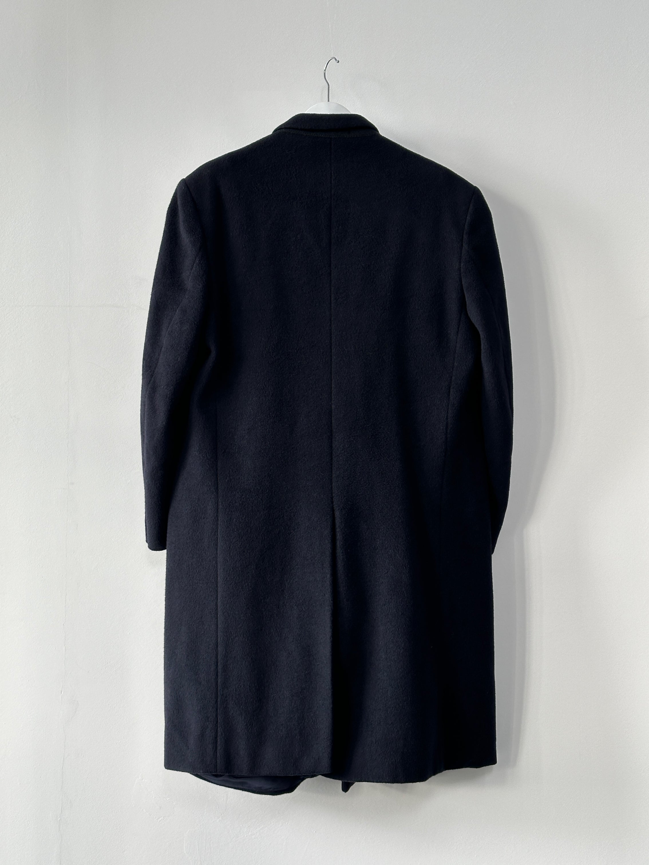 Vintage 1990s wool cashmere double-breasted coat in XXL, featuring classic design and textured fabric.