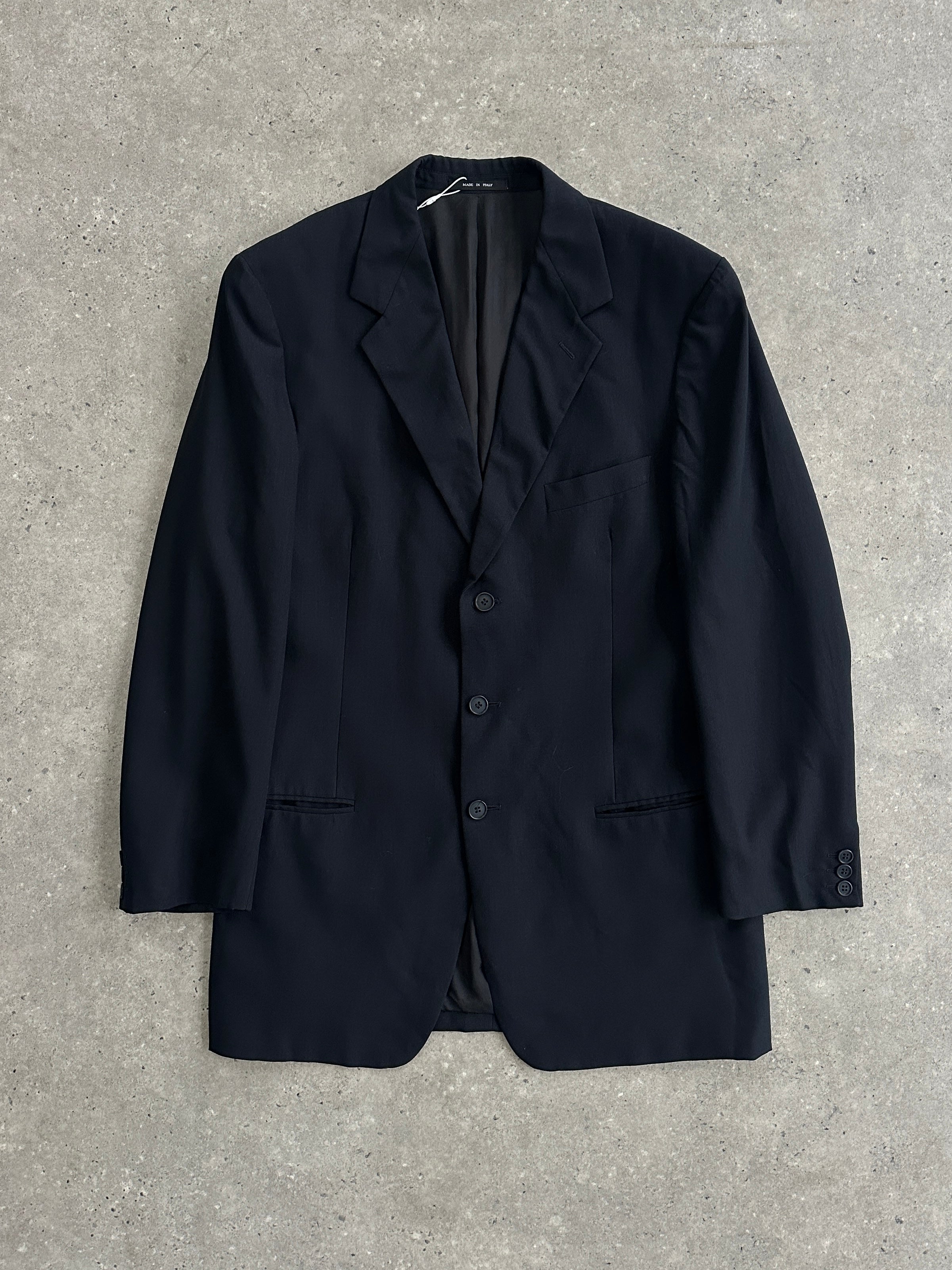 Emporio Armani men's pure wool single-breasted blazer in size XL, tailored fit, dark navy color, styled with lapel collar and button closures.