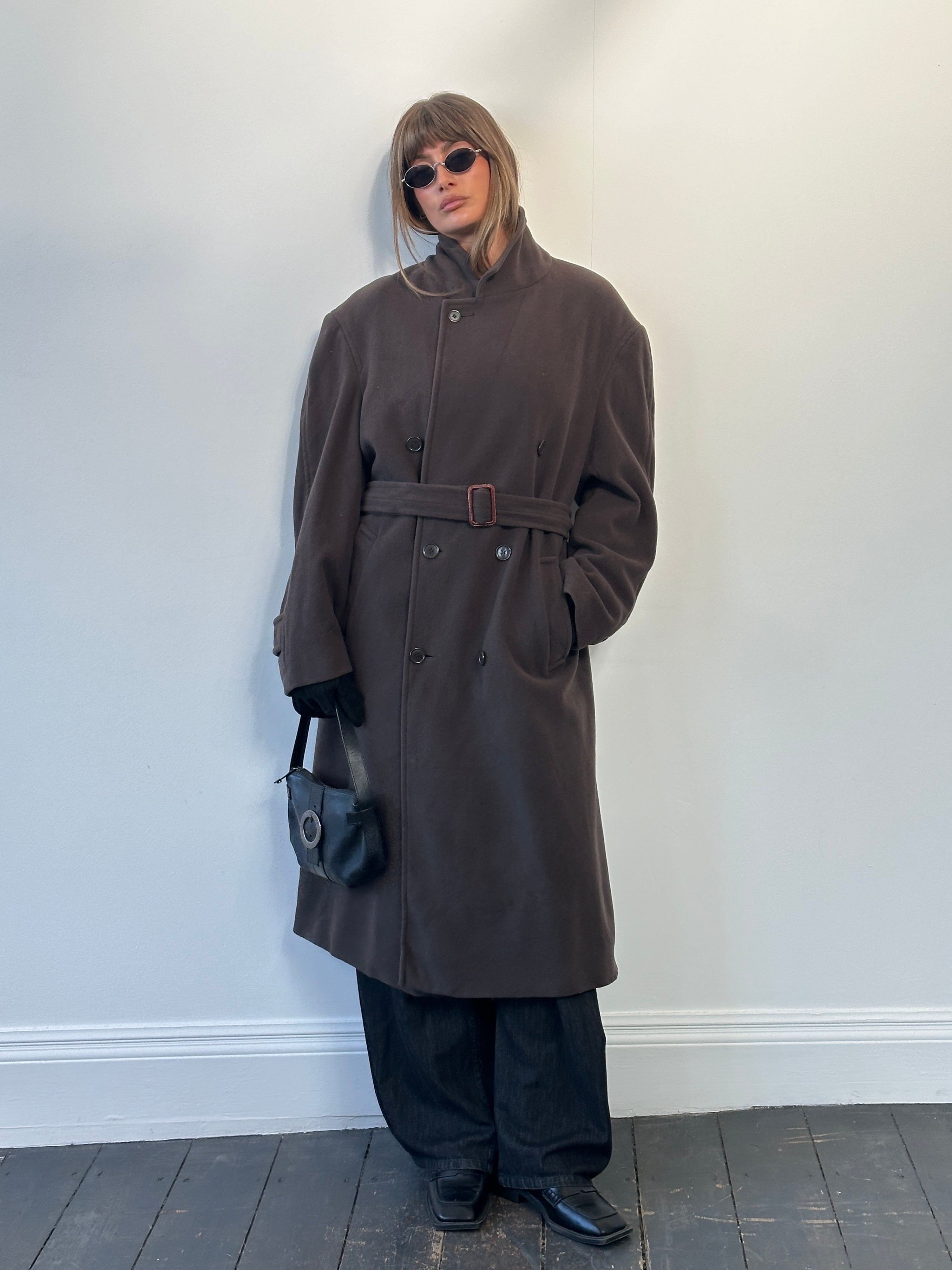 St Michael 1990s Italian wool belted coat in XXL, shown hanging with front view and classic design details.