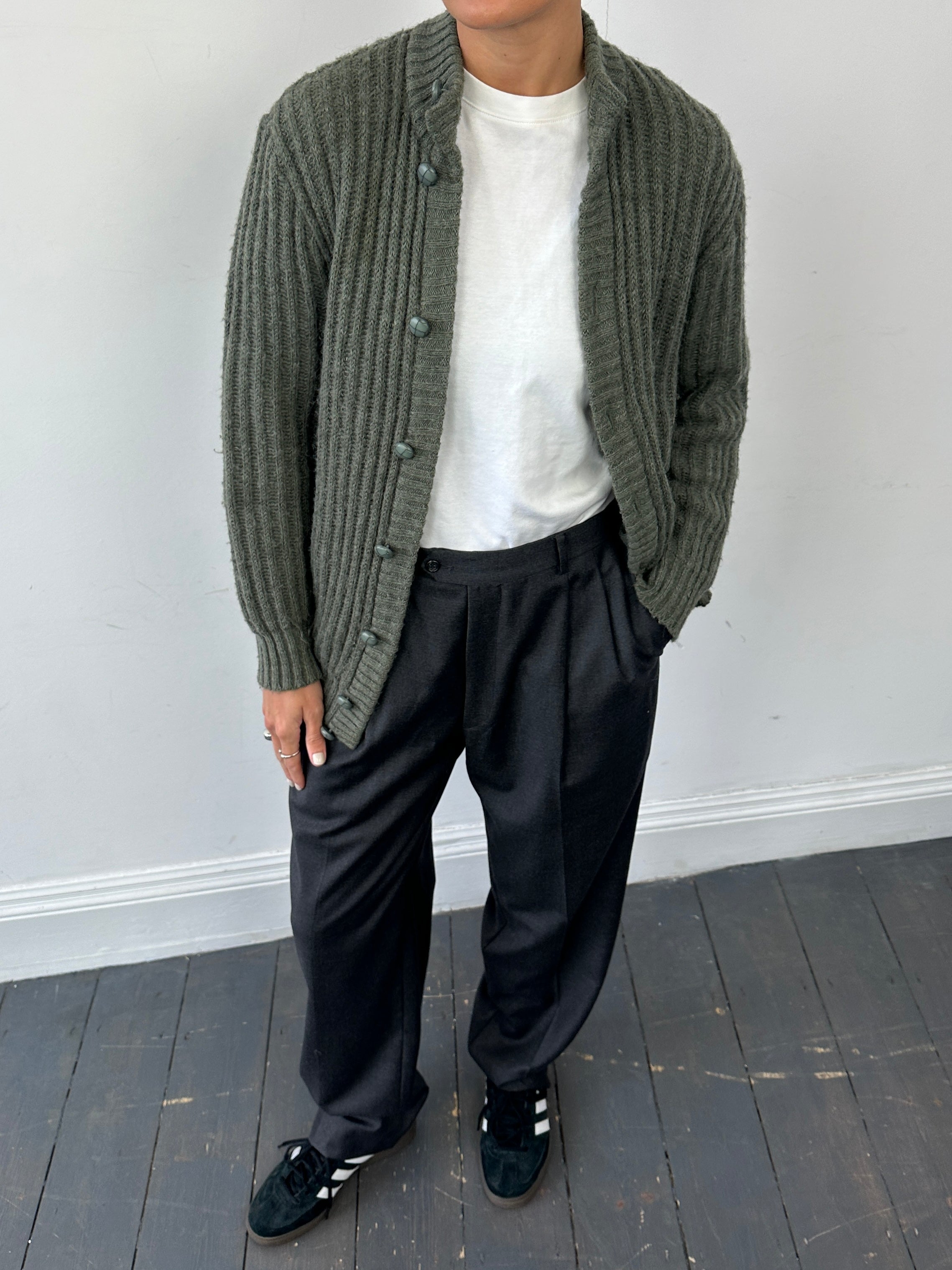 St Michael wool knitted cardigan in size M, featuring a cozy, textured design with a button-up front and ribbed cuffs and hem.