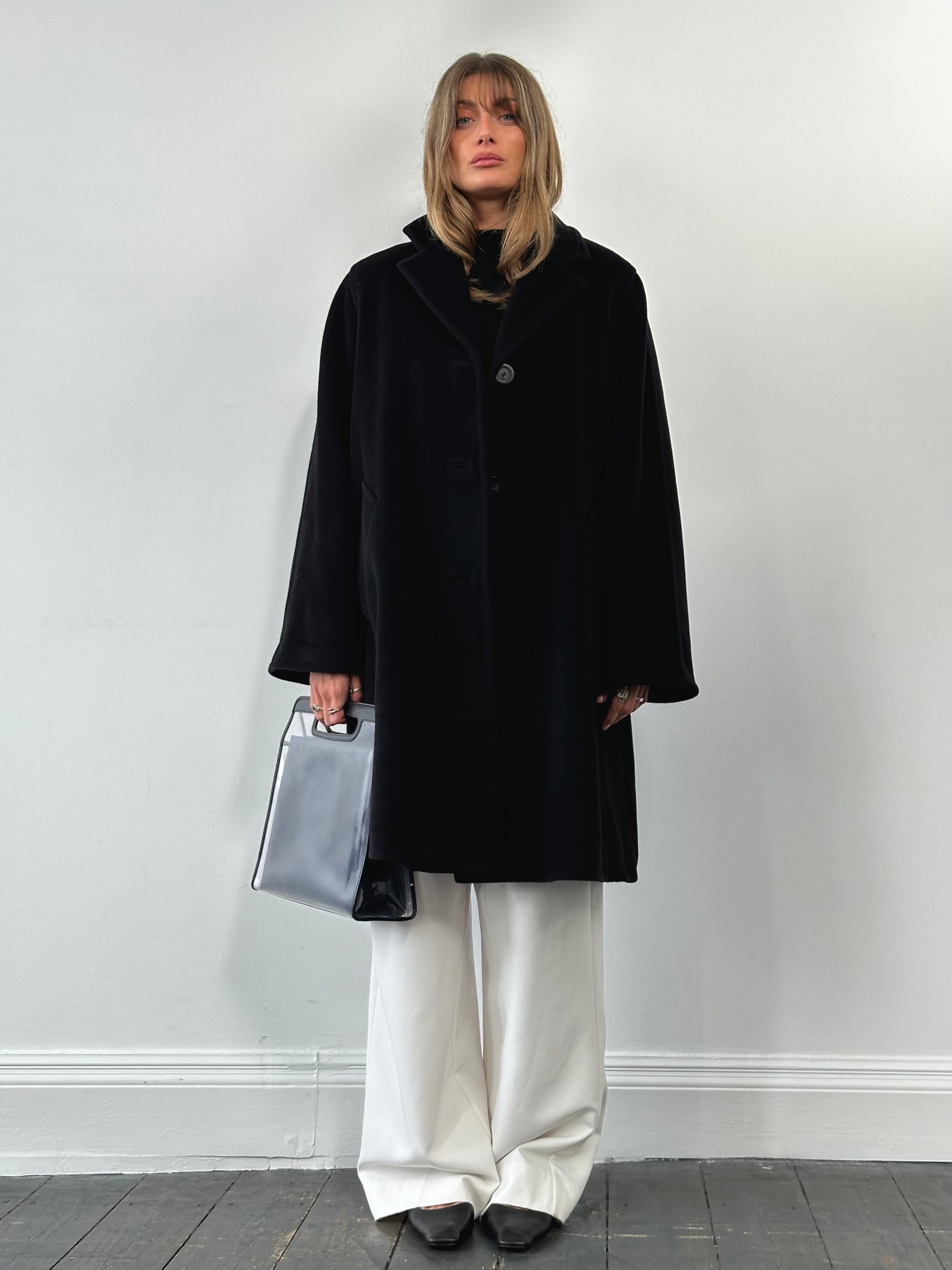 Max Mara wool and cashmere A-line coat in XL/XXL, shown in classic design with a tailored fit and soft fabric texture.