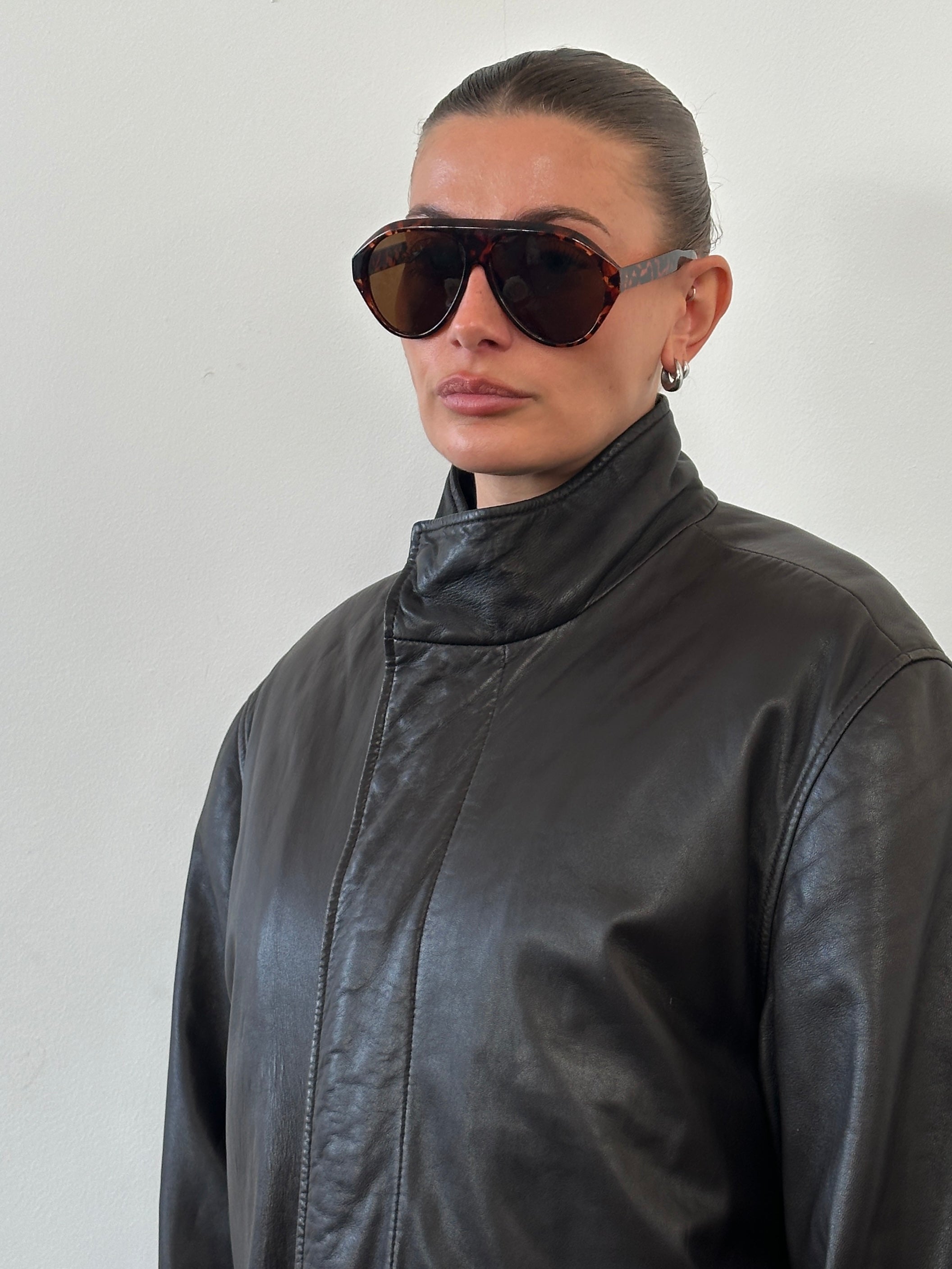Jaeger 1990s Concealed Placket High Neck Leather Jacket - XL - SYLK