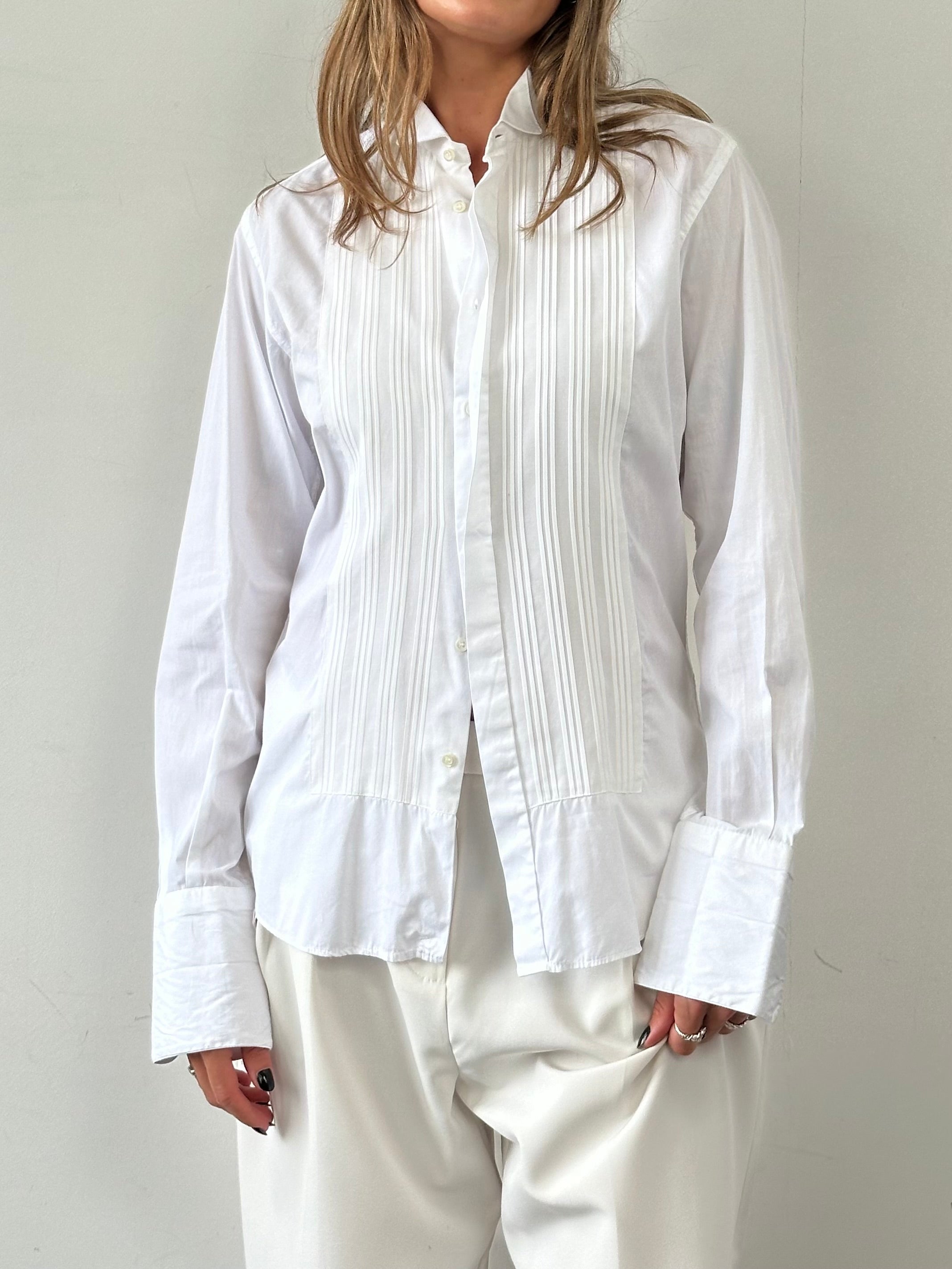 Balmain Pierre Balmain cotton tuxedo dress shirt in size M, white with a classic collar and button-front detail.