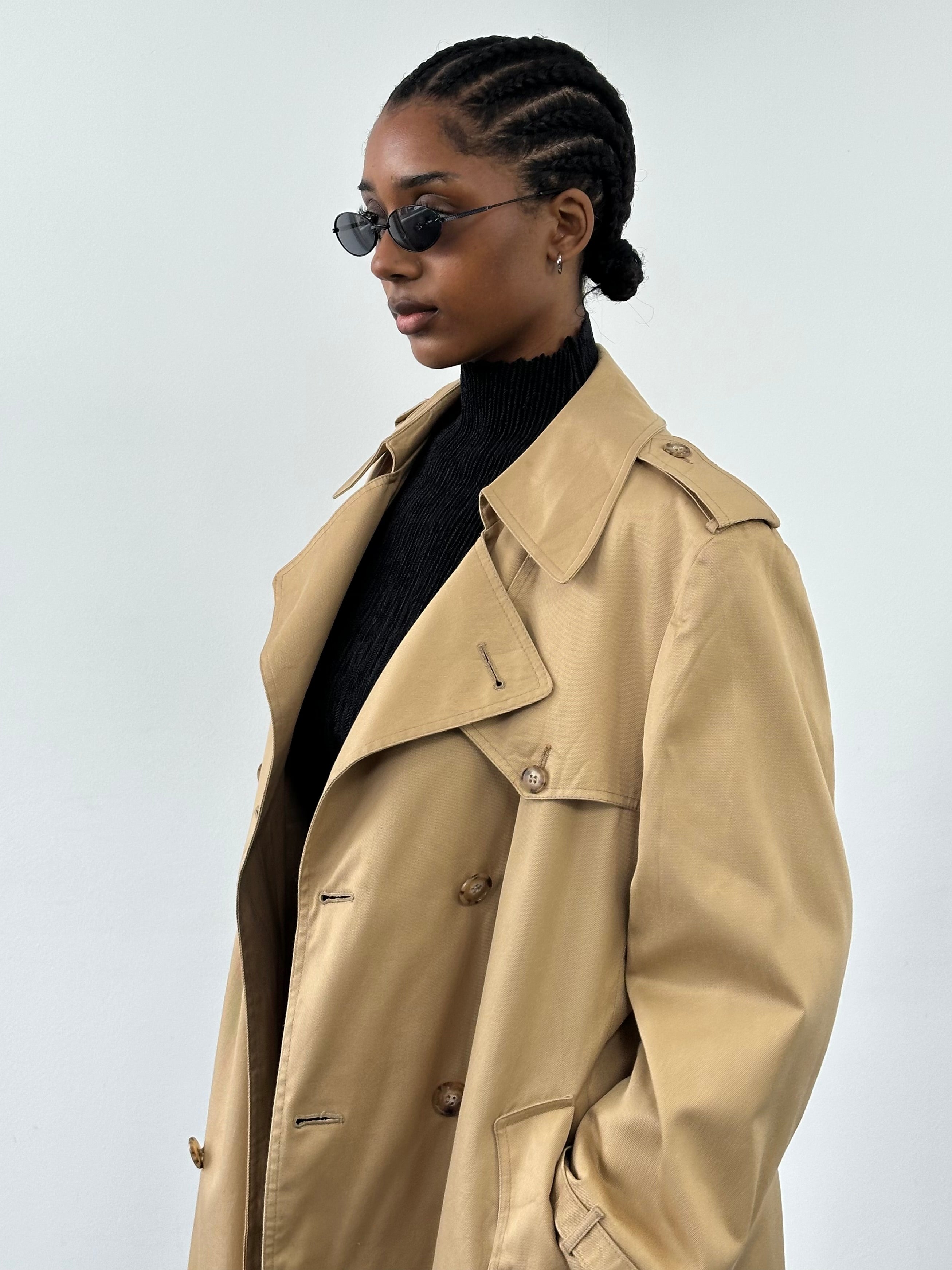 Christian Dior Paris 1980s cotton double-breasted trench coat in size L, classic beige color with belt and button details.