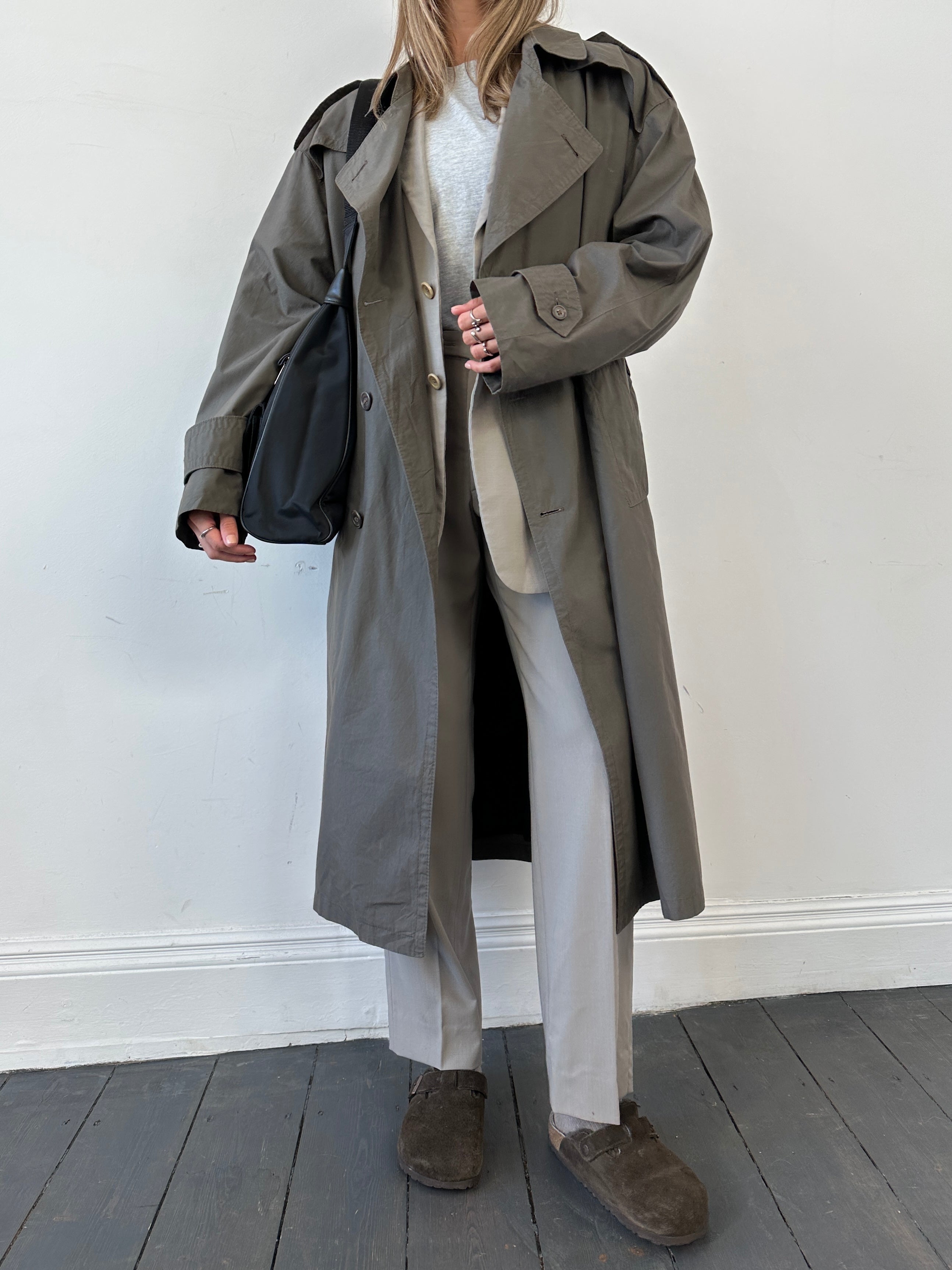 Christian Dior belted cotton wool trench coat in beige, size 42R/XL, featuring classic double-breasted design and waist belt.