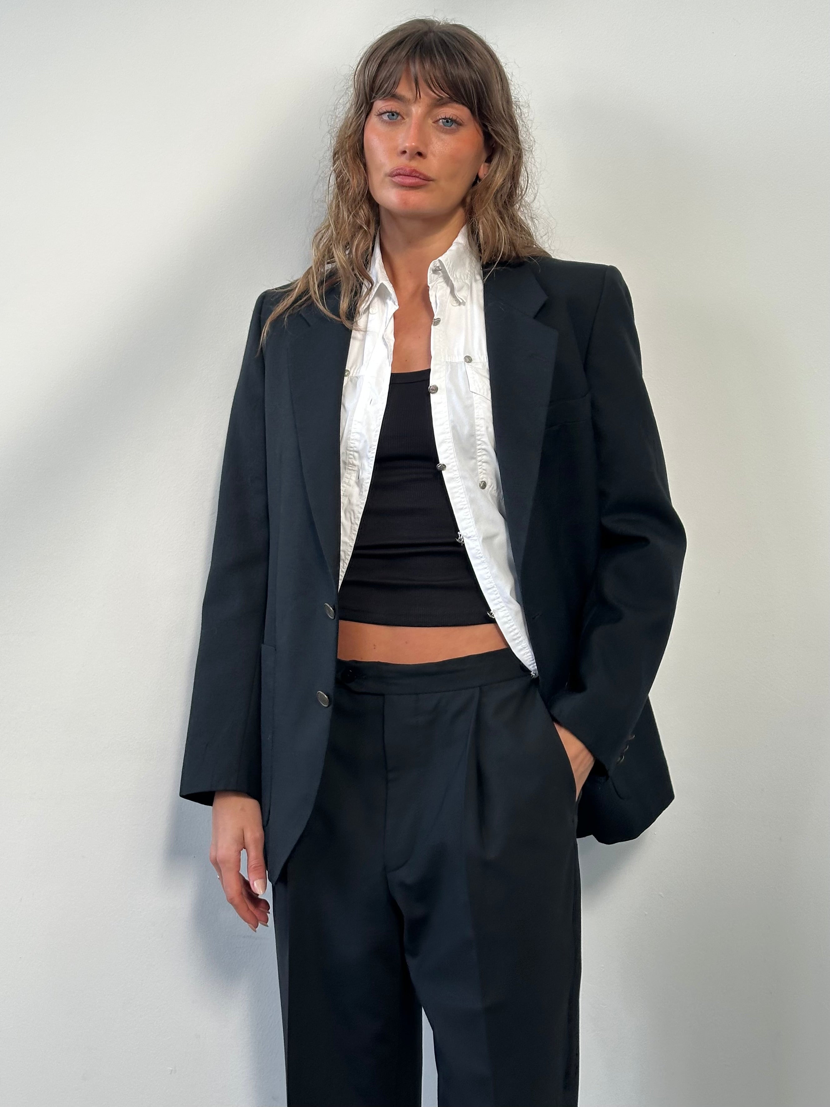 Yves Saint Laurent men's 1990s pure wool bespoke button blazer in navy, size 38R/M, tailored fit with classic lapels and structured shoulders.