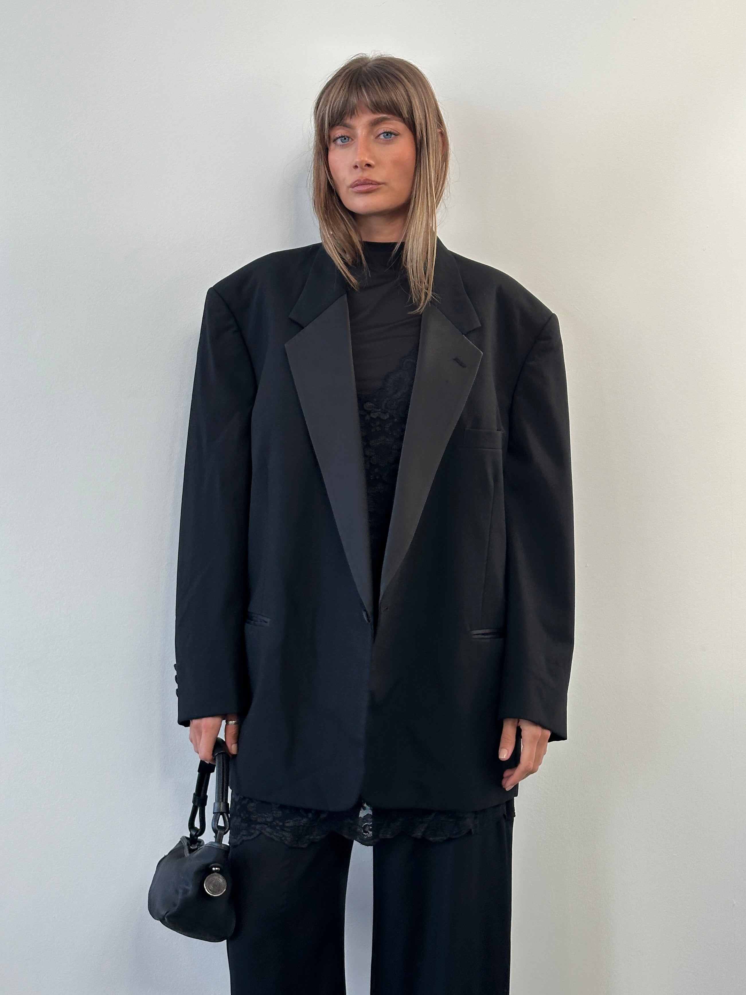 Christian Dior Le Connaisseur 1990s tuxedo wool blazer, size 52R/XXL, tailored black blazer with satin lapels and structured fit.