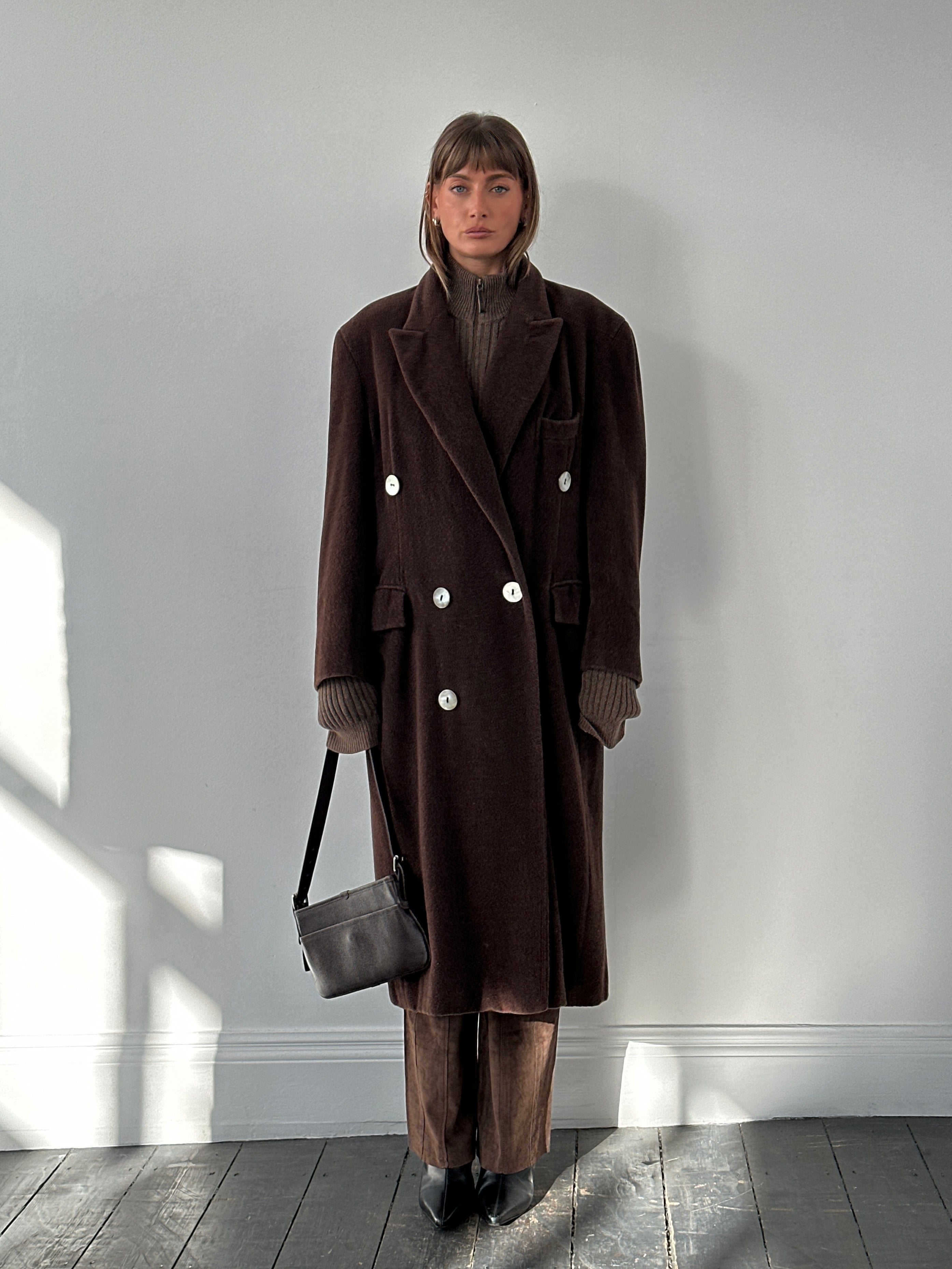 Moschino 1980s wool and cashmere double-breasted coat in XL, featuring classic tailored style and stylish lapels.