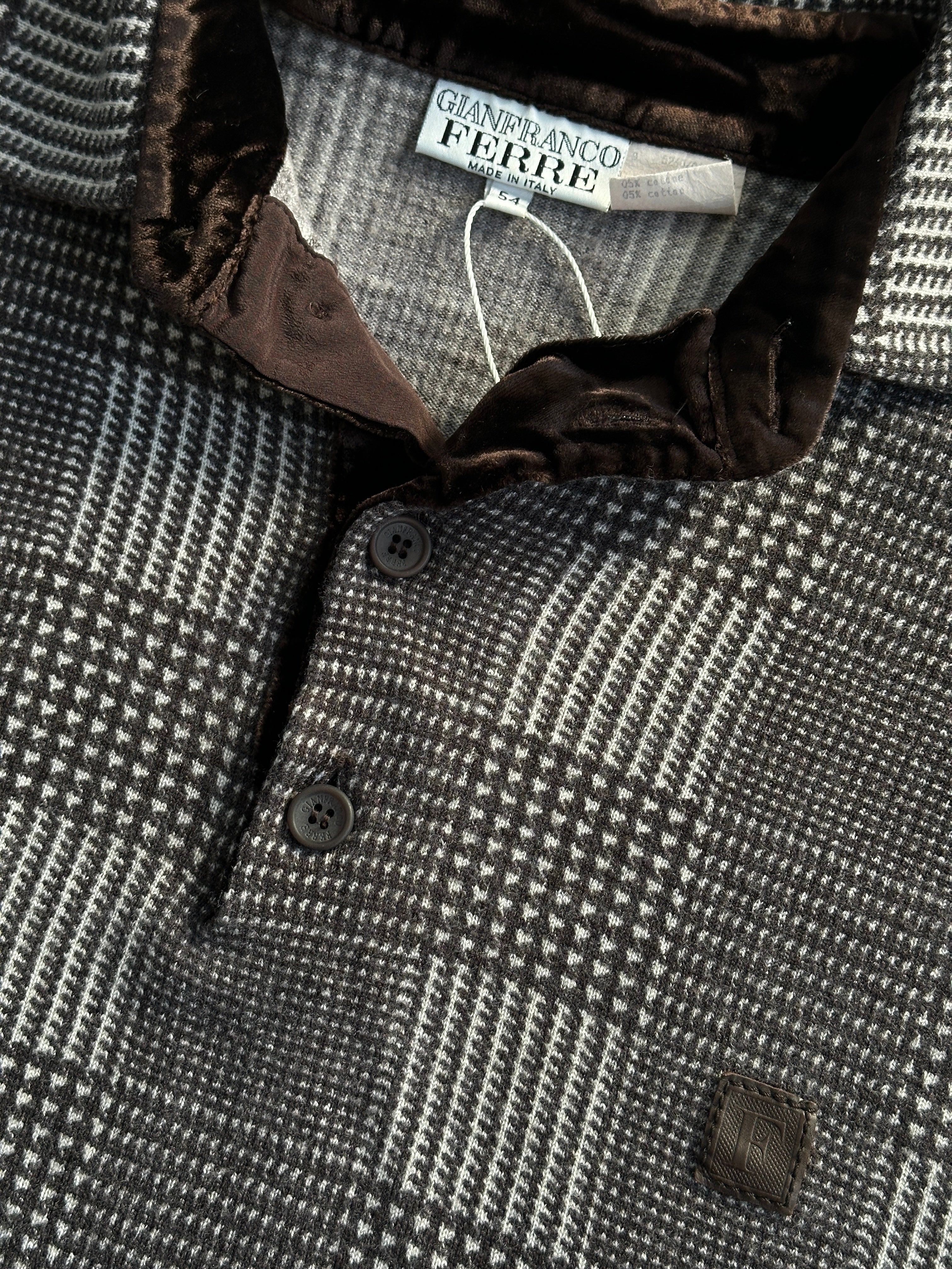 Gianfranco Ferre merino wool check logo polo jumper in M/L, featuring a classic check pattern and the brand's logo detail.