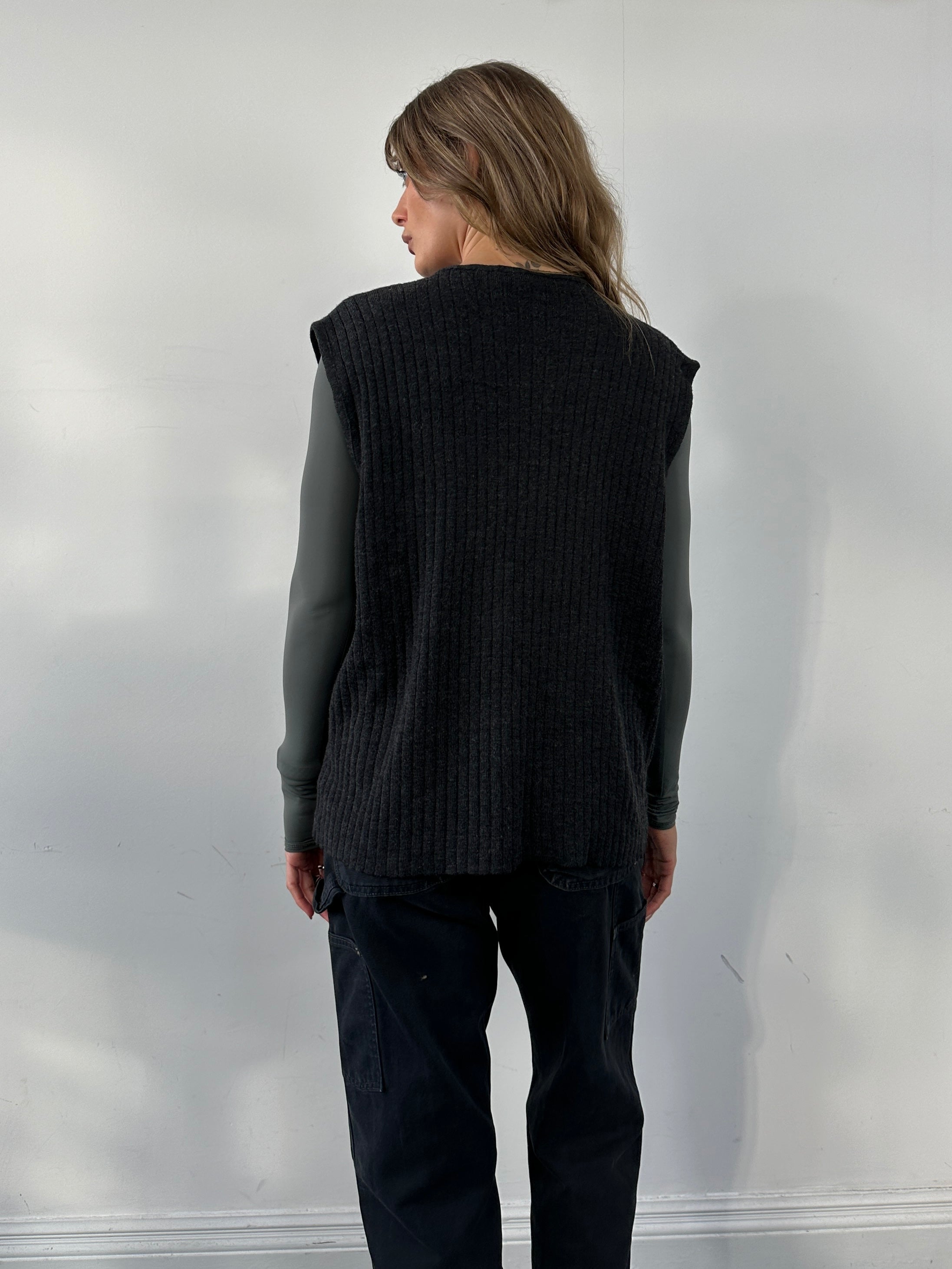 Vintage wool knit waistcoat coat in XL size, featuring a classic design with a textured knit pattern and button closure.