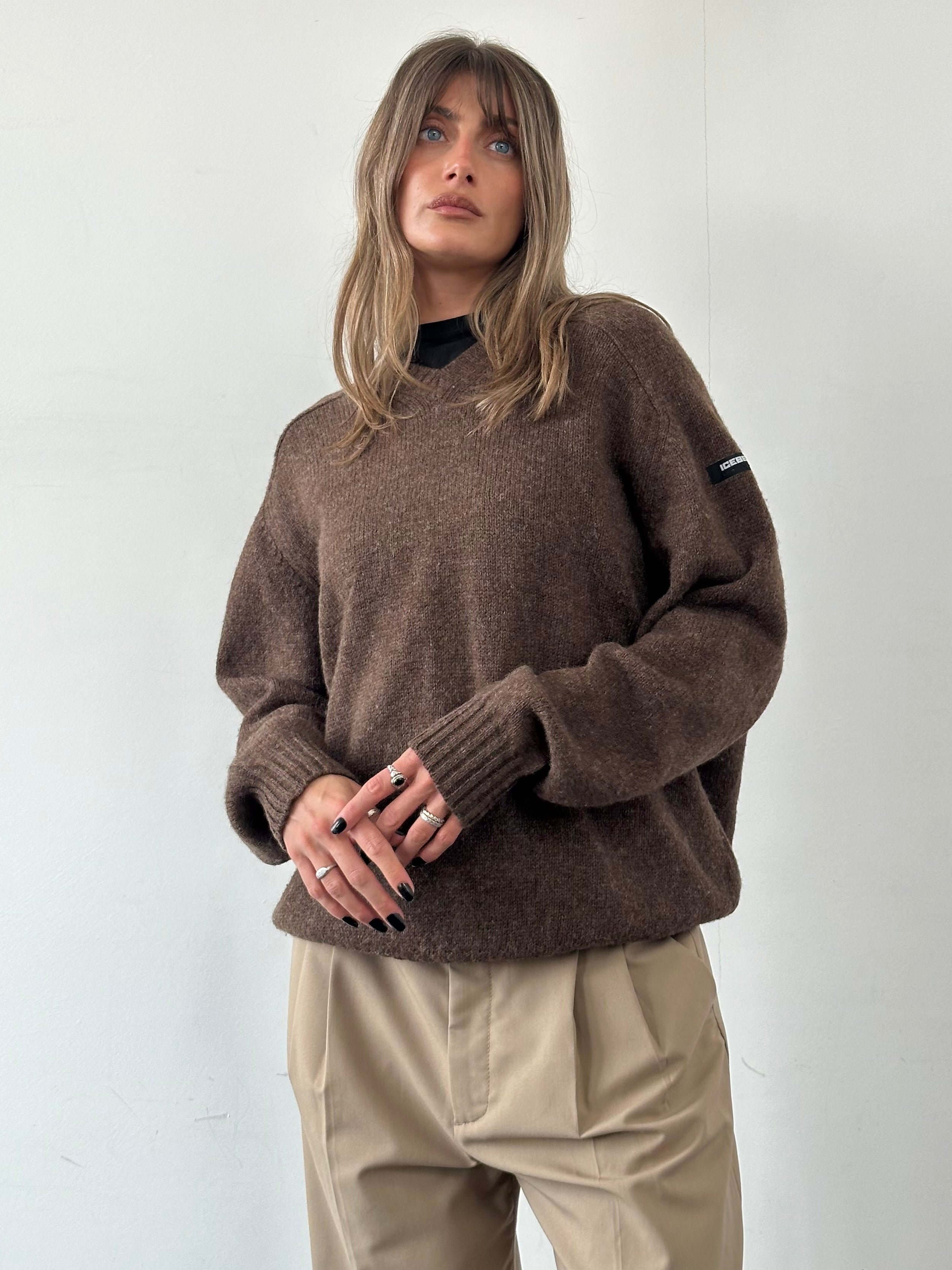 Iceberg pure wool V-neck jumper in XL, showing the soft, textured knit fabric and classic fit in a neutral color.
