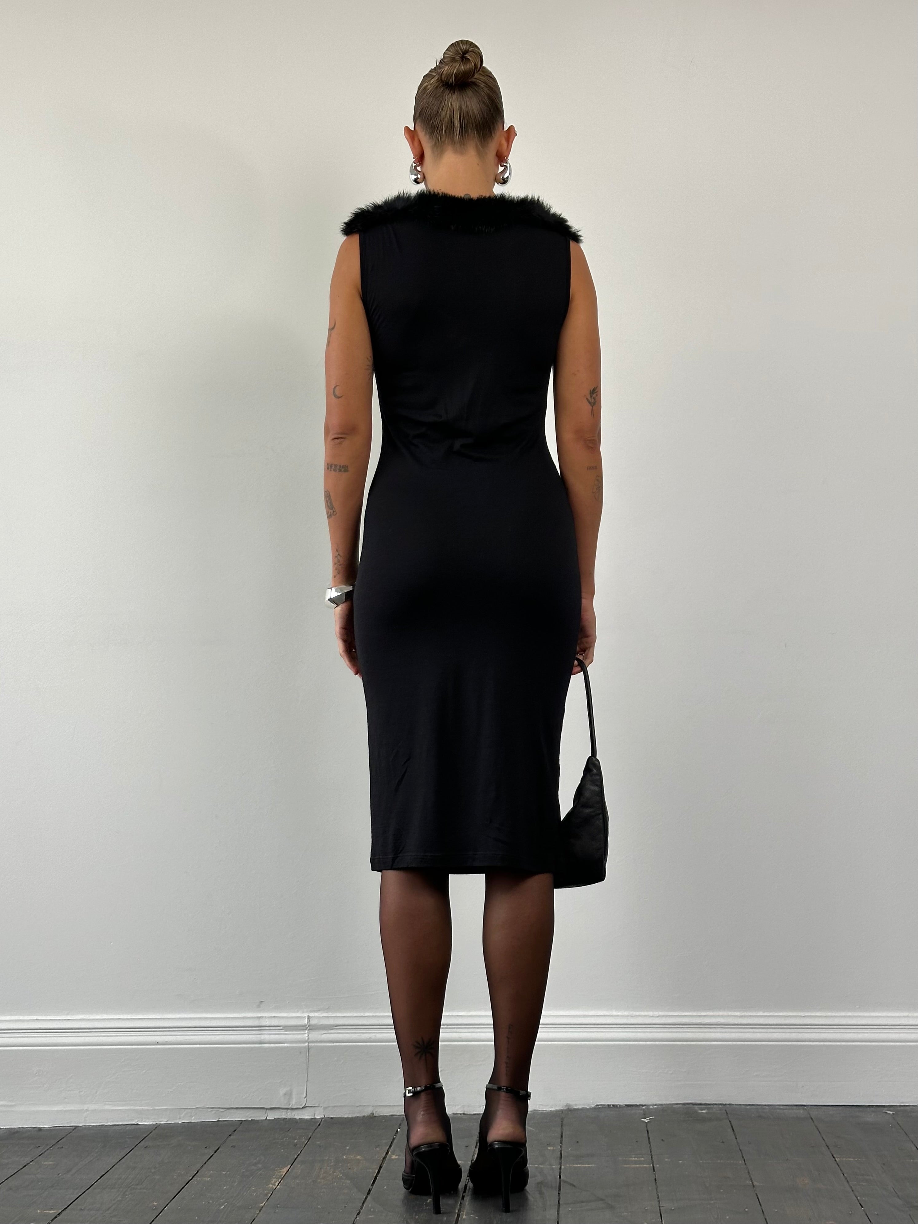Moschino 1990s feather trim boat neck midi dress in black, with elegant feather accents and classic silhouette.