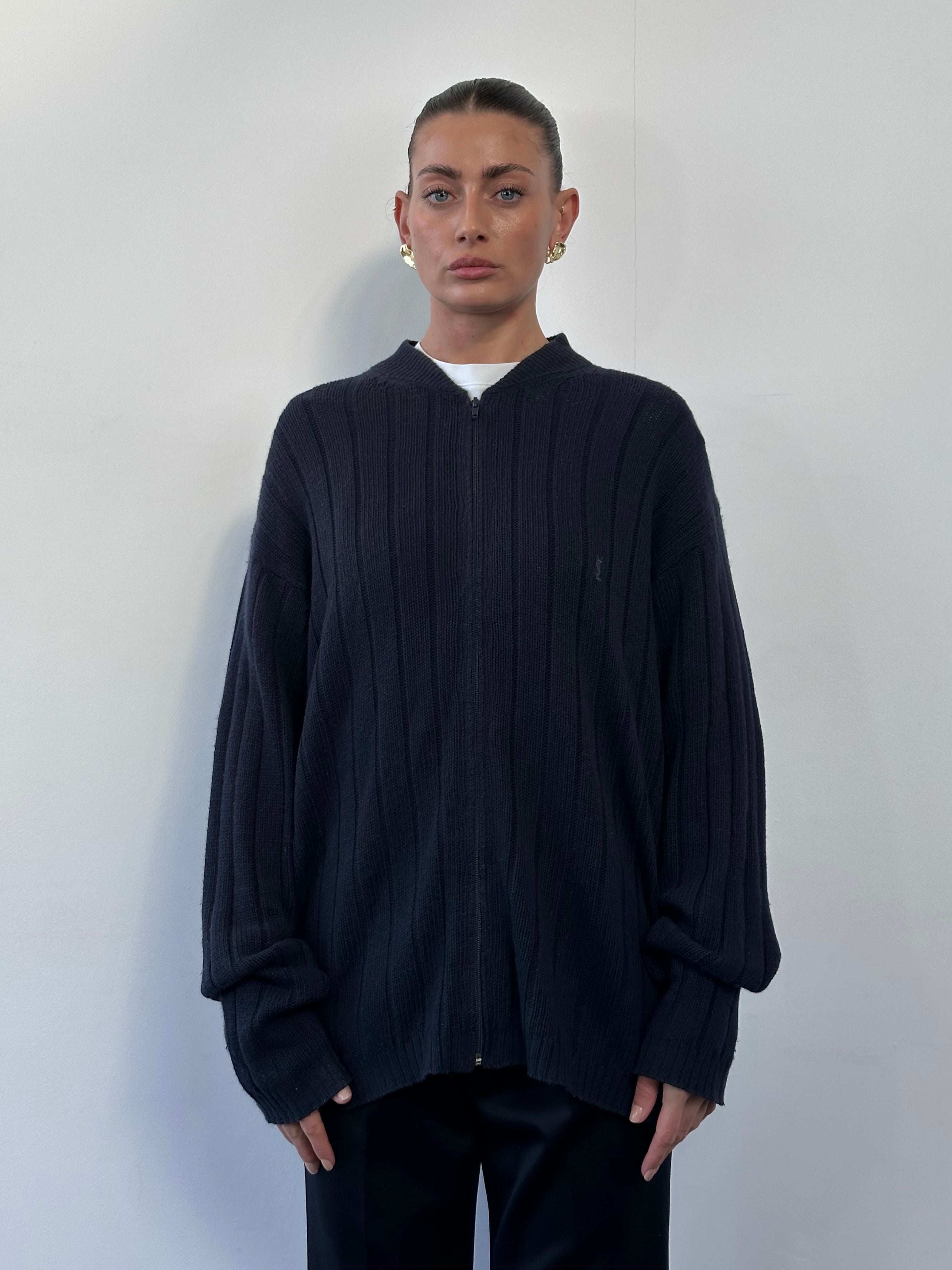 Yves Saint Laurent Pour Homme XXL lambswool knitted cardigan with logo, featuring a cozy, textured knit pattern and ribbed cuffs.