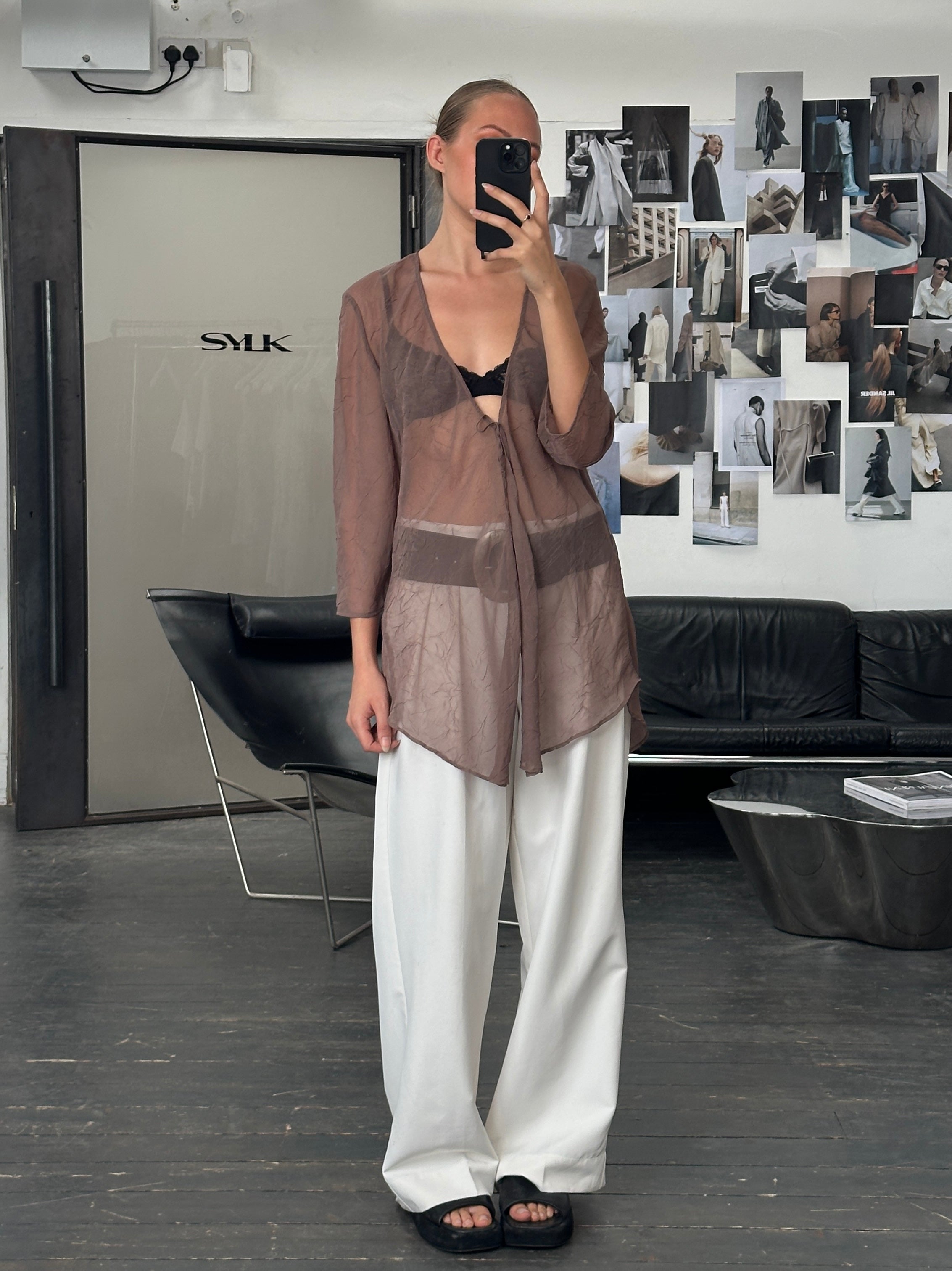 Vintage Italian 1990s sheer kaftan cardigan, medium size, with delicate, flowing fabric and intricate vintage design.