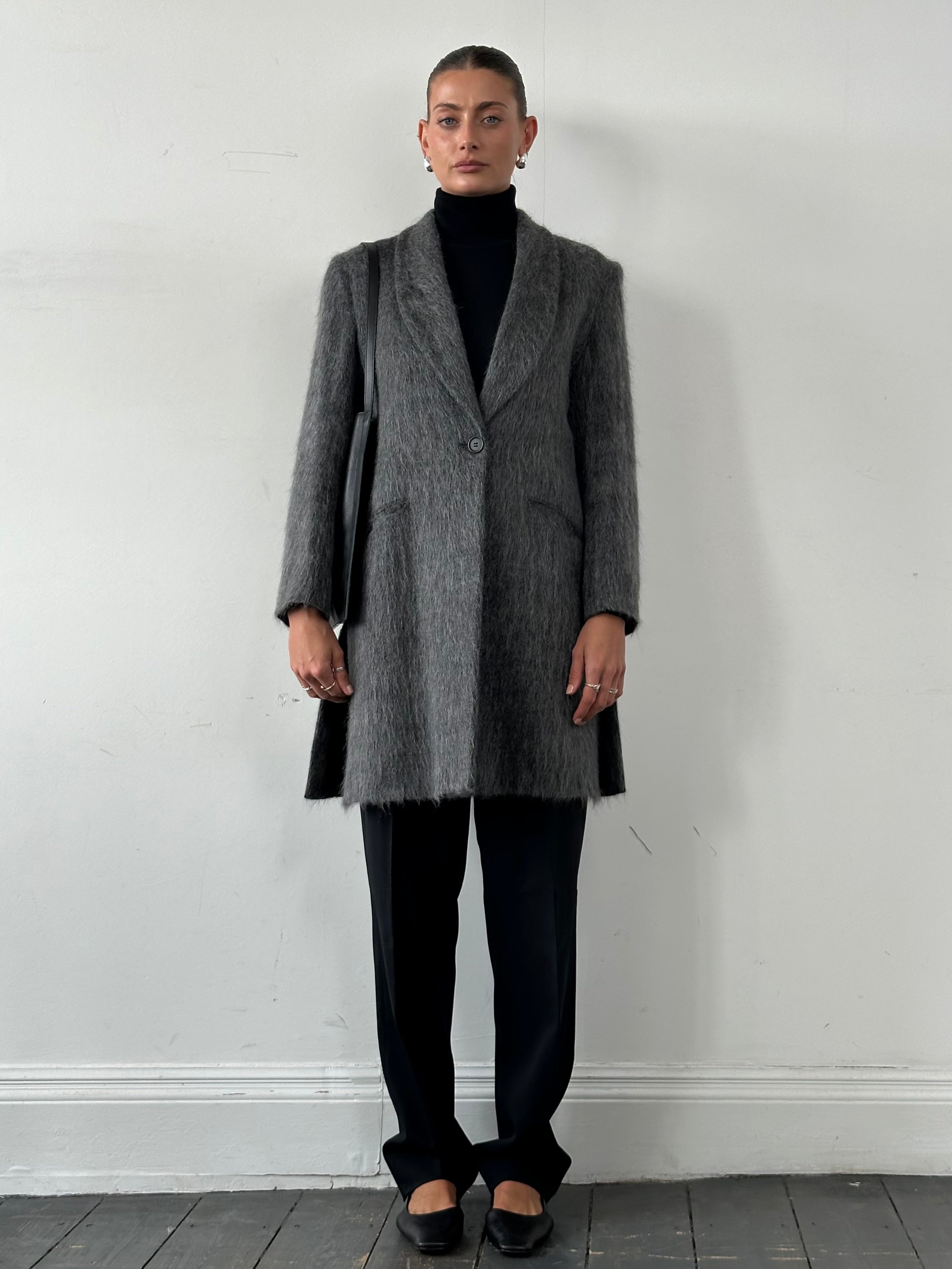 Emporio Armani fuzzy wool mohair single-breasted coat in size M, featuring a stylish design and textured fabric.