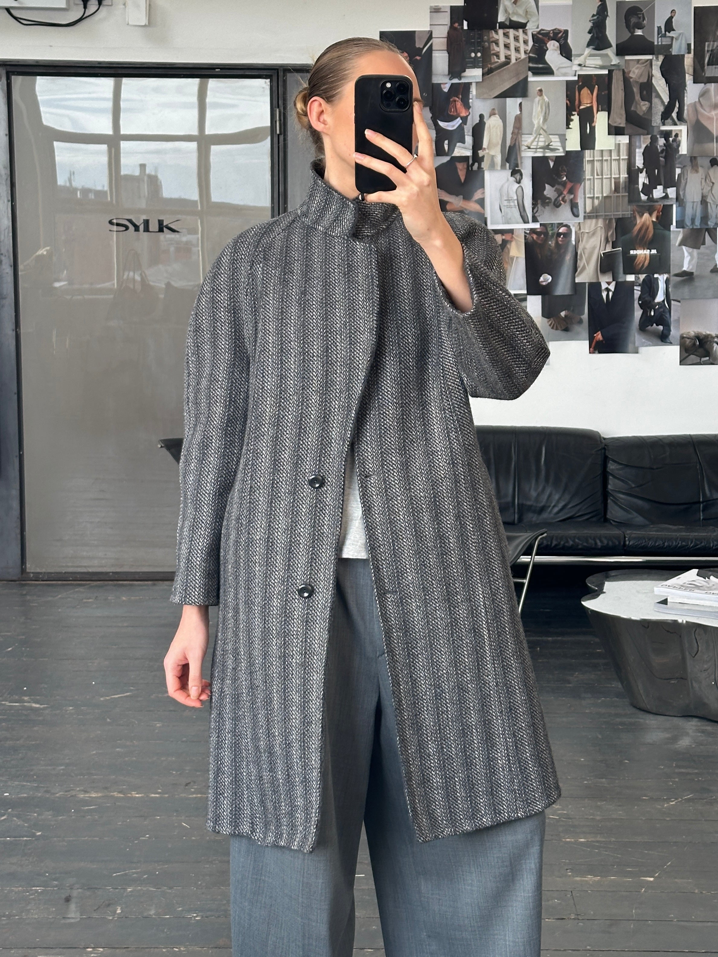 Marina Rinaldi 1990s pure wool double-faced single-breasted coat in size S, shown hanging with classic tailored design and neutral color