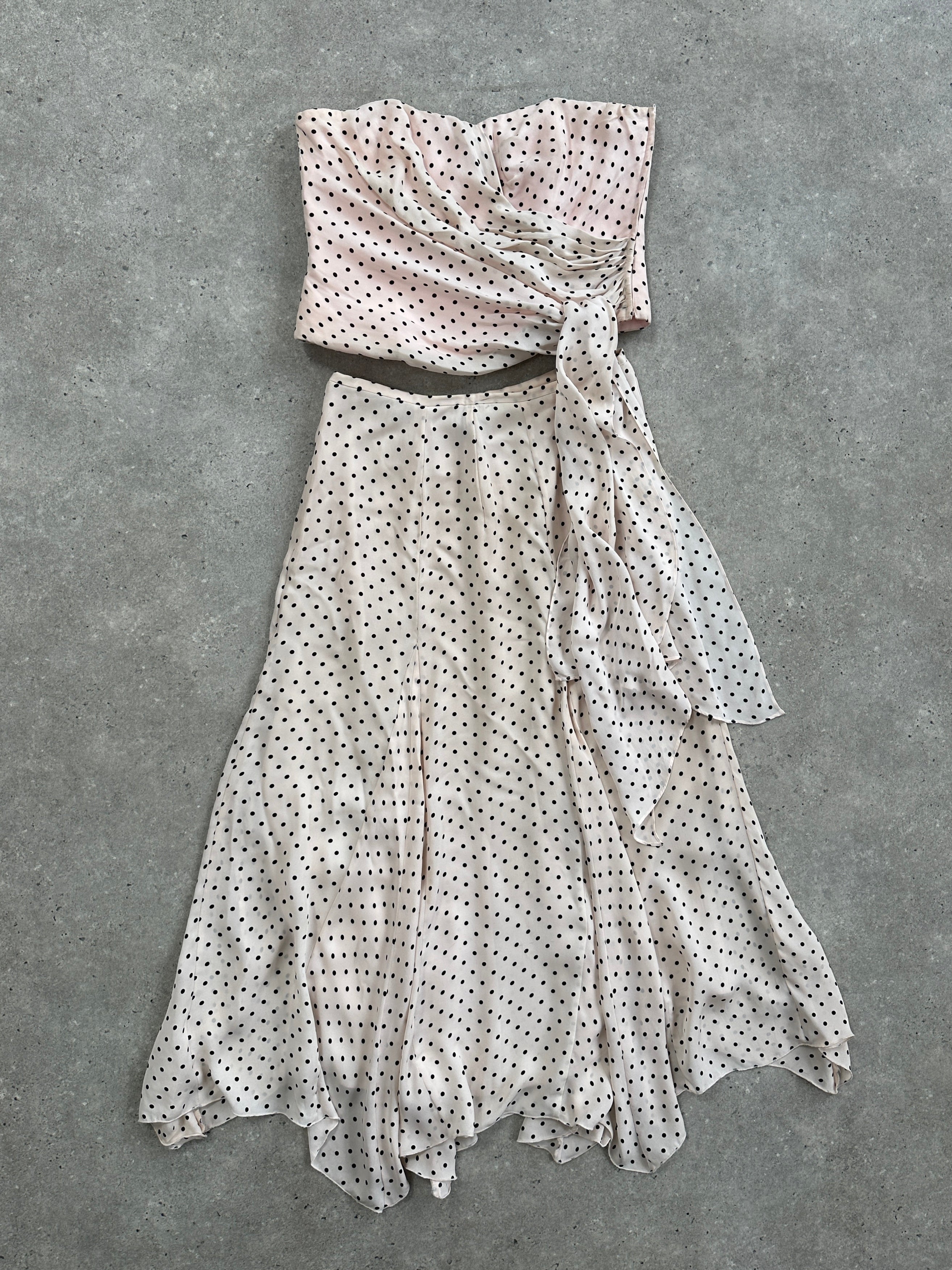Jaeger 2000s Pure Silk Polkadot Two Piece Skirt Top Set - L/W28 - SYLK
