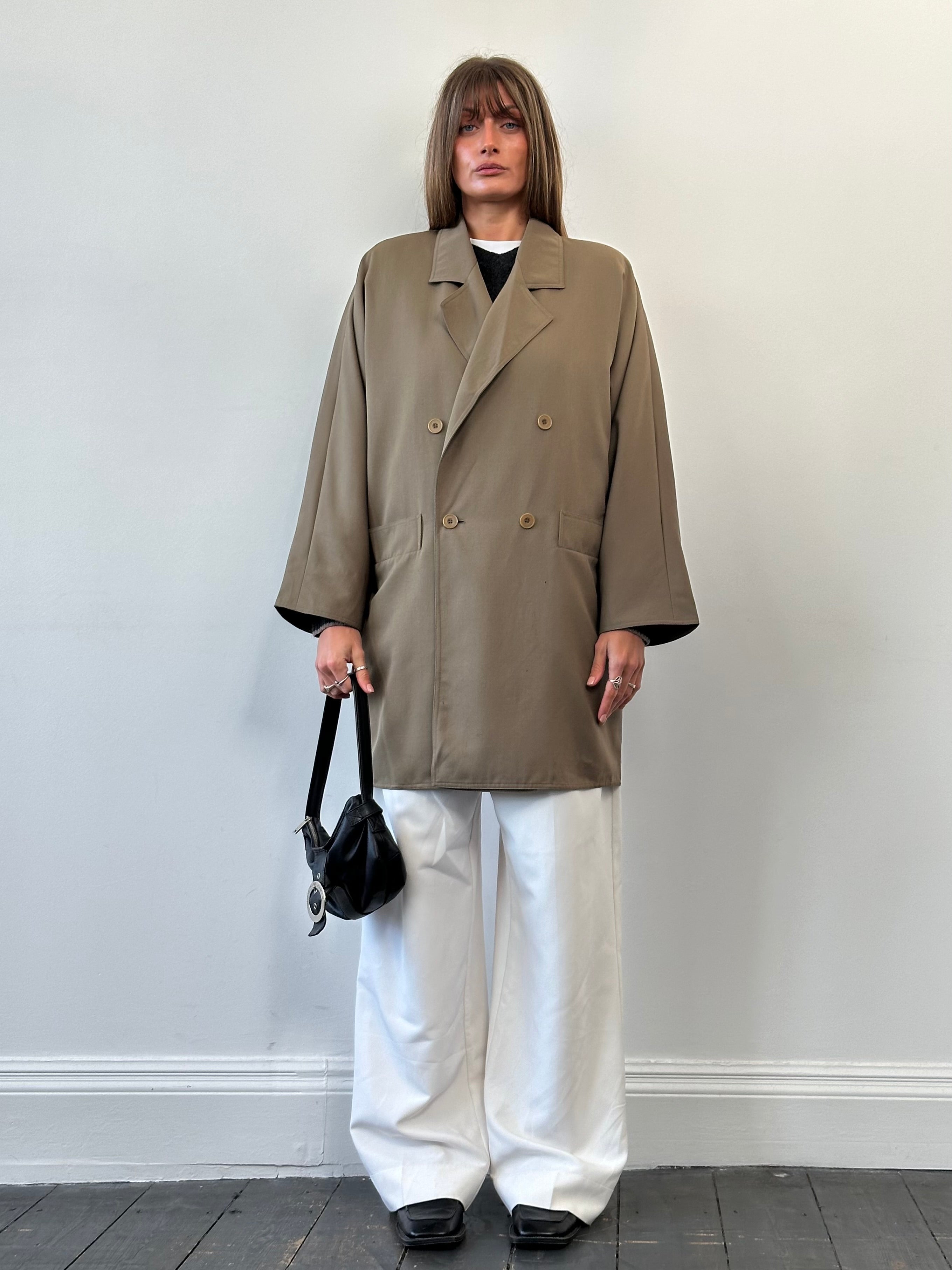 Marella pure wool double-breasted trench coat in size L/XL, beige color, with classic lapels and belt details.