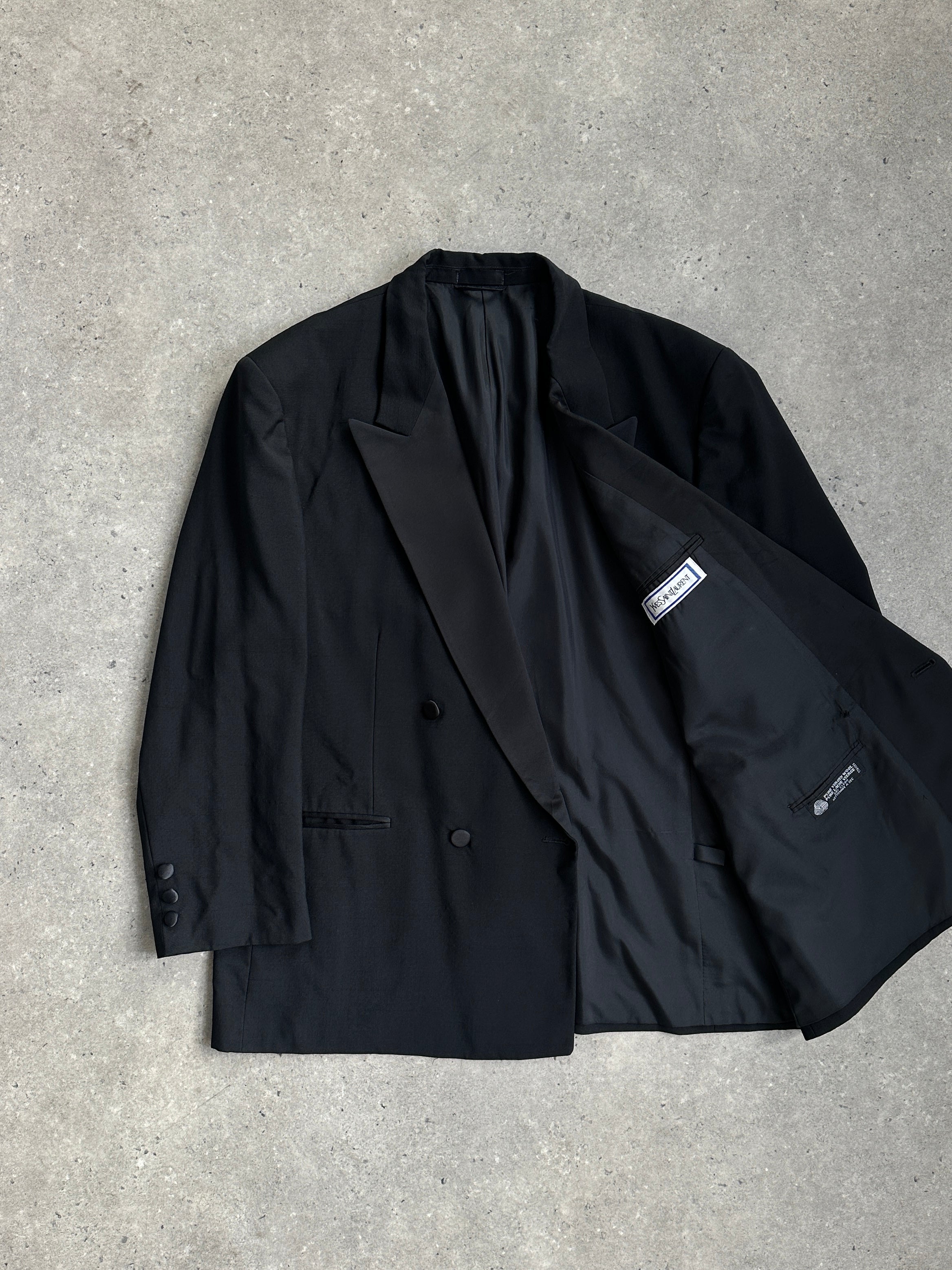Yves Saint Laurent Pour Homme 1980s wool double-breasted tuxedo blazer in size 44S/XL, featuring classic tailored design.
