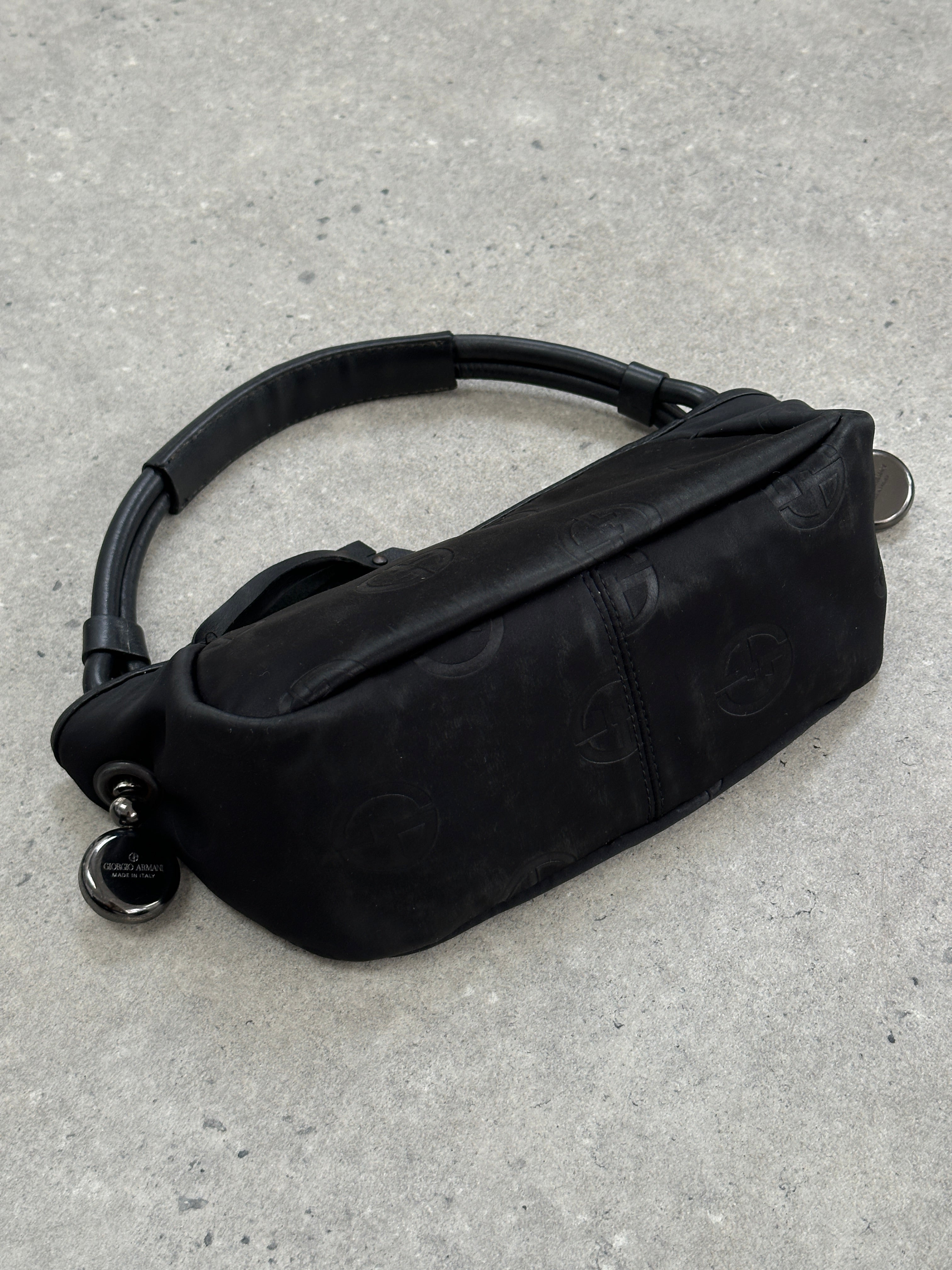 Giorgio Armani 2000s GA Monogram Baguette Bag in beige leather with signature logo and sleek design.